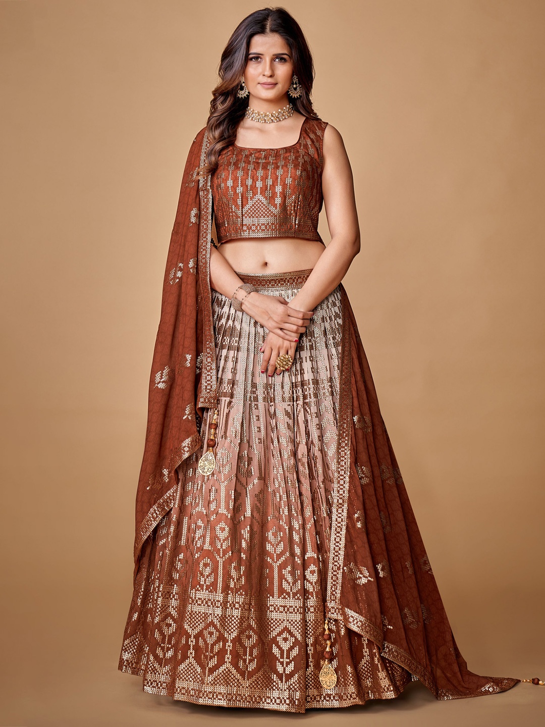 

Fusionic Brown & Beige Embellished Sequinned Ready to Wear Lehenga & Blouse With Dupatta