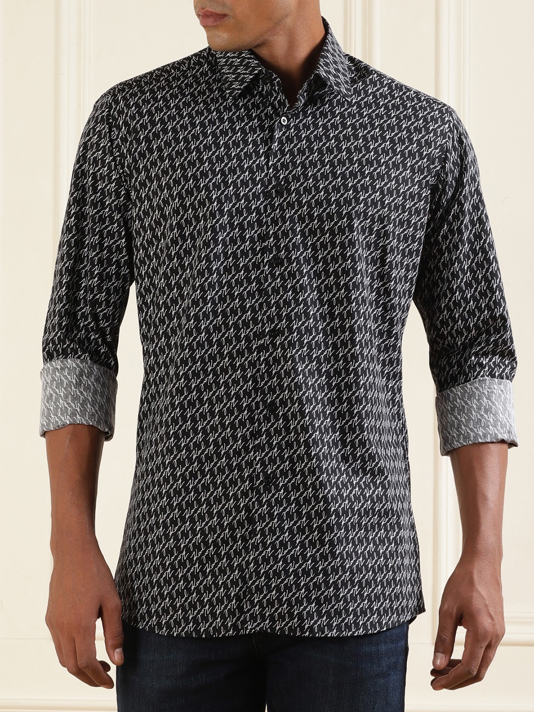 

Karl Lagerfeld Typography Printed Spread Collar Pure Cotton Casual Shirt, Black