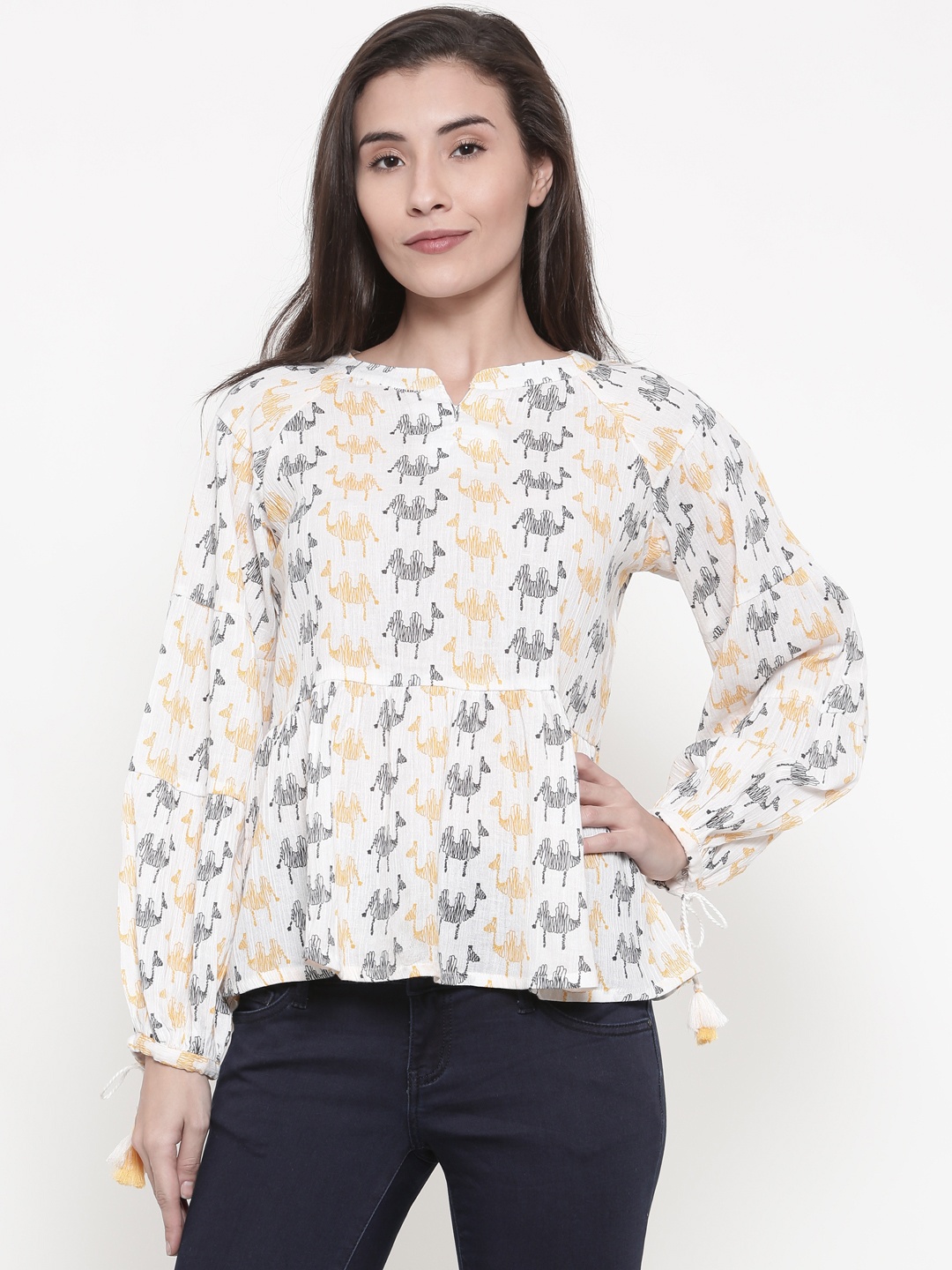 

Global Desi Women White Printed A-Line Pure Cotton Top