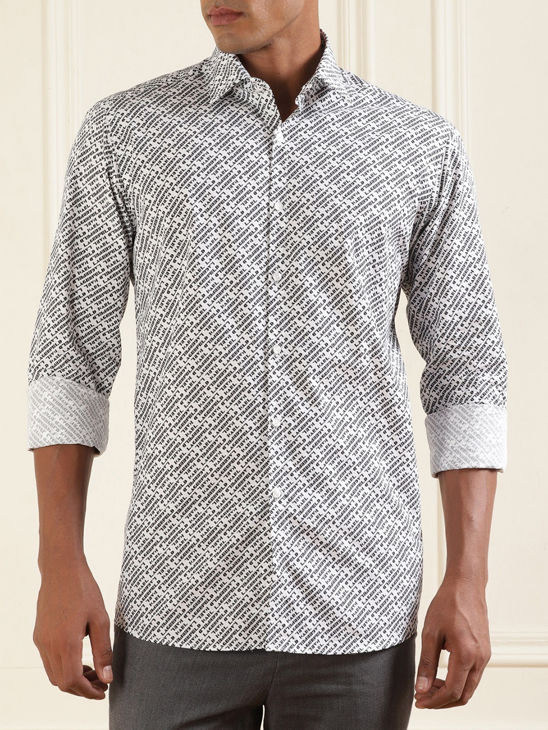 

Karl Lagerfeld Typography Printed Spread Collar Pure Cotton Casual Shirt, White