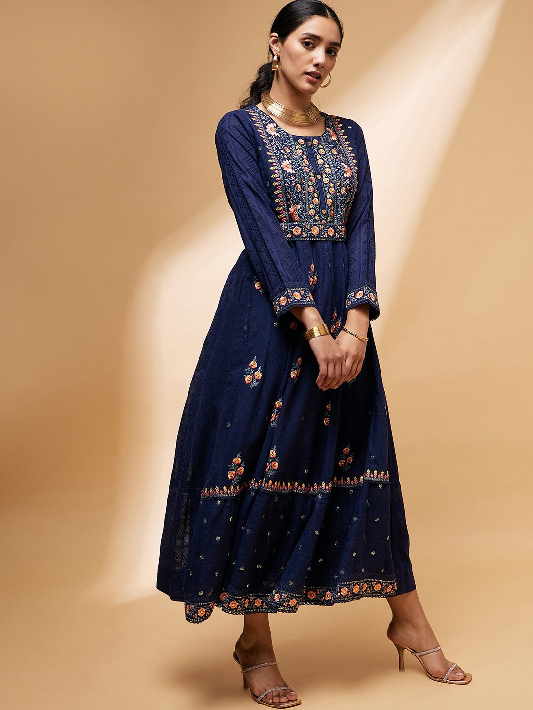 

all about you Ethnic Motifs Embroidered Sequined Cotton Dobby Ethnic Midi Dress, Navy blue