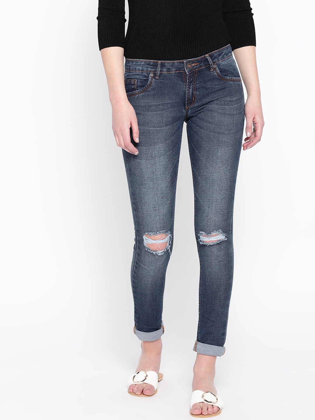 

urSense Women Slim Fit Slash Knee Light Fade Stretchable Jeans, Navy blue