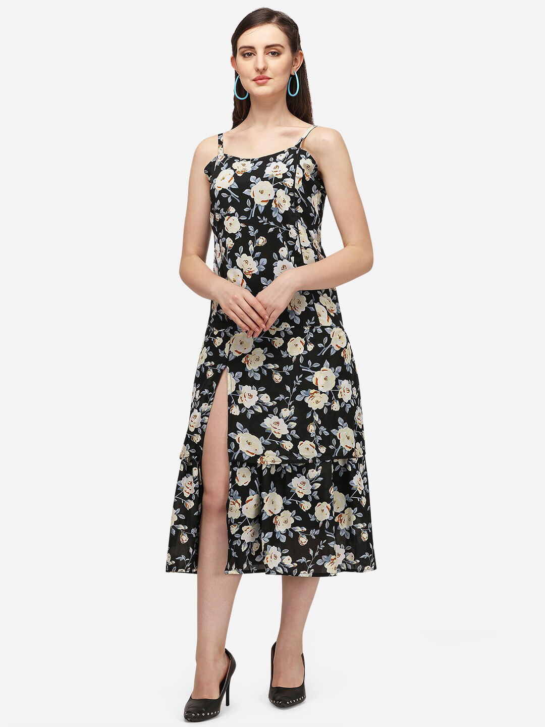 

WESTHOOD Floral Printed Shoulder Straps Front Slit Georgette Tiered Fit & Flare Dress, Black