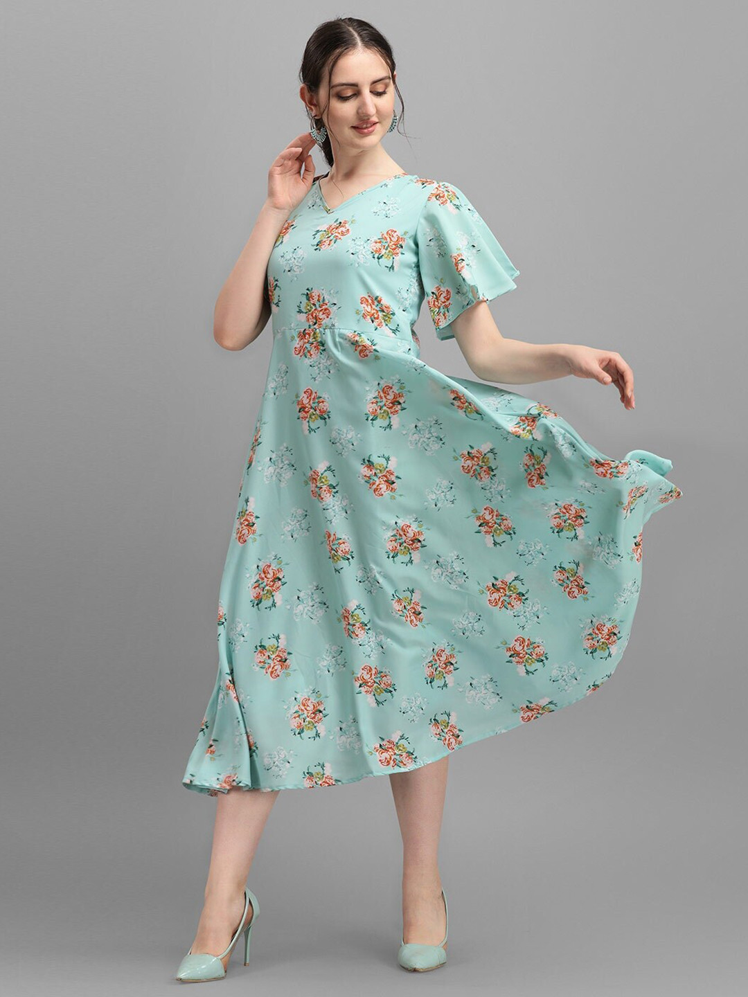 

WESTHOOD Floral Printed V-Neck Flared Sleeve Georgette A-Line Dress, Sea green