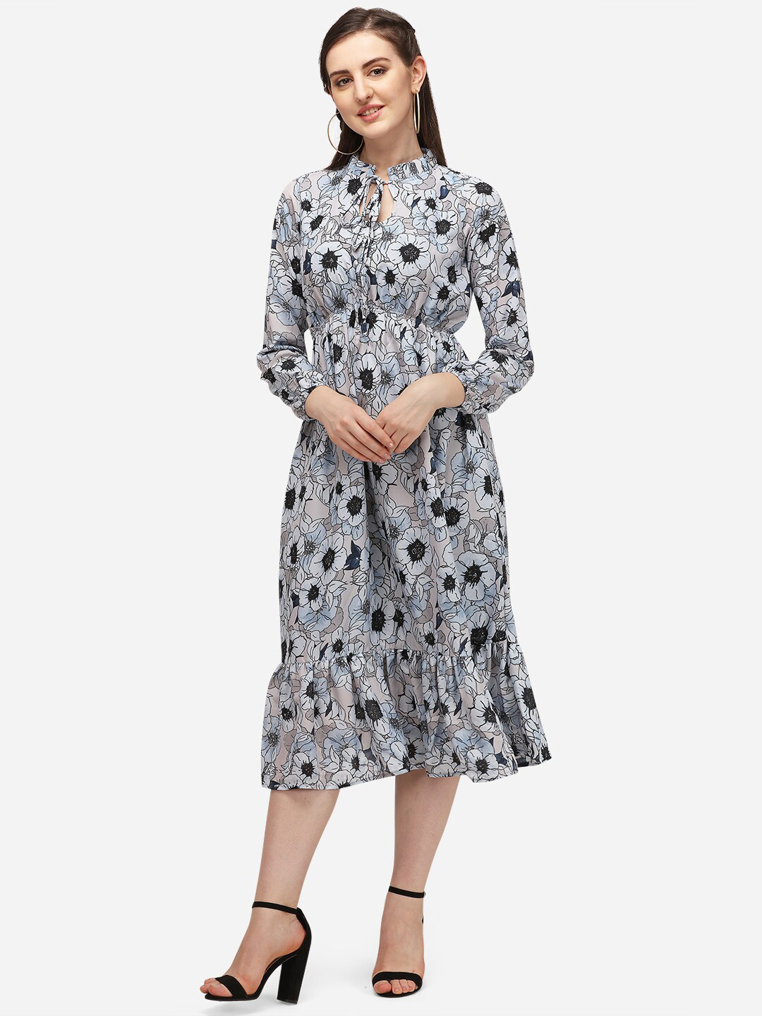 

WESTHOOD Floral Printed Tie-Up Neck Georgette Empire Dress, Grey