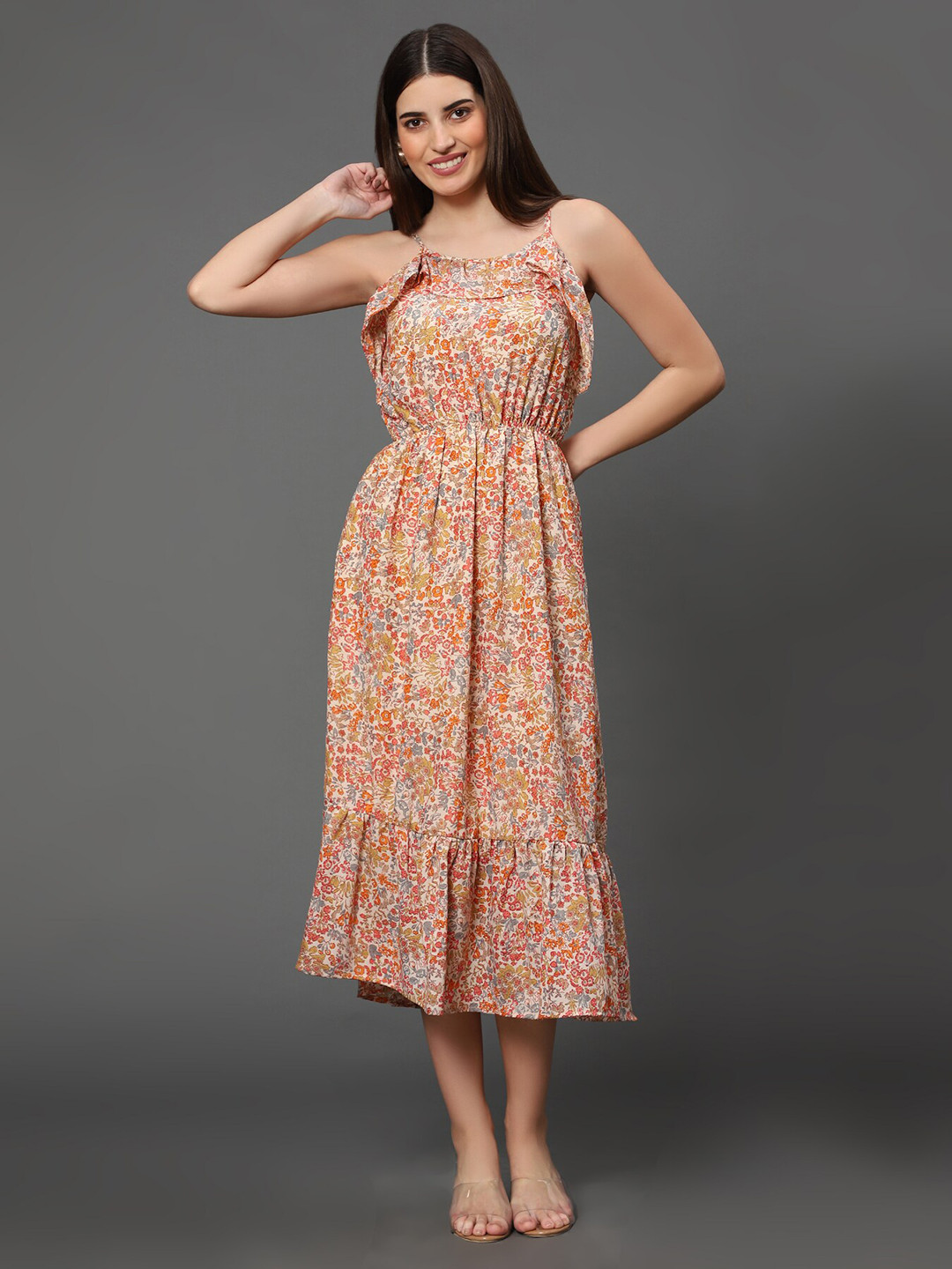 

WESTHOOD Floral Printed Shoulder Straps Gathered Georgette Fit & Flare Dress, Peach