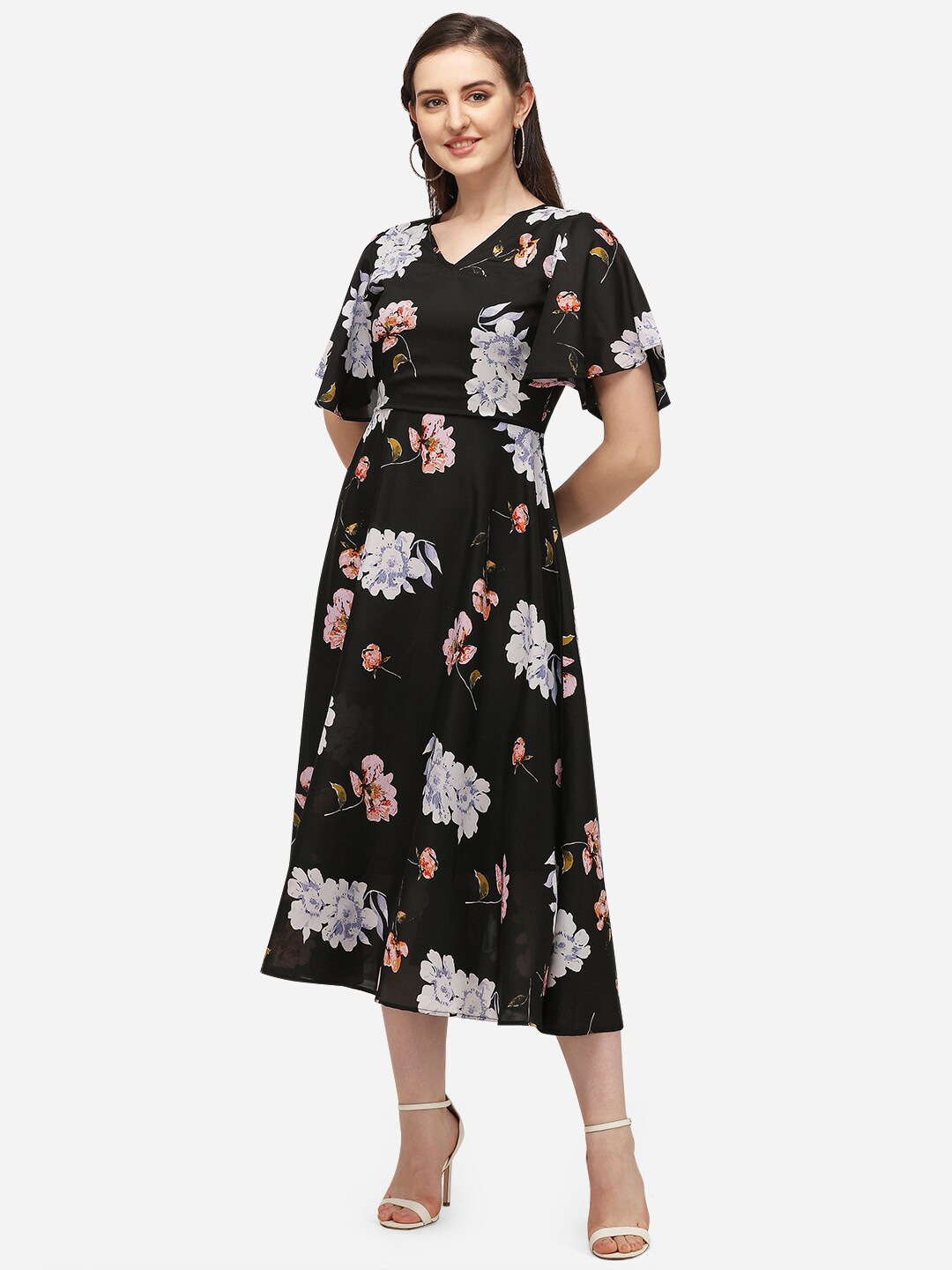 

WESTHOOD Floral Printed V-Neck Flared Sleeve Georgette A-Line Dress, Black