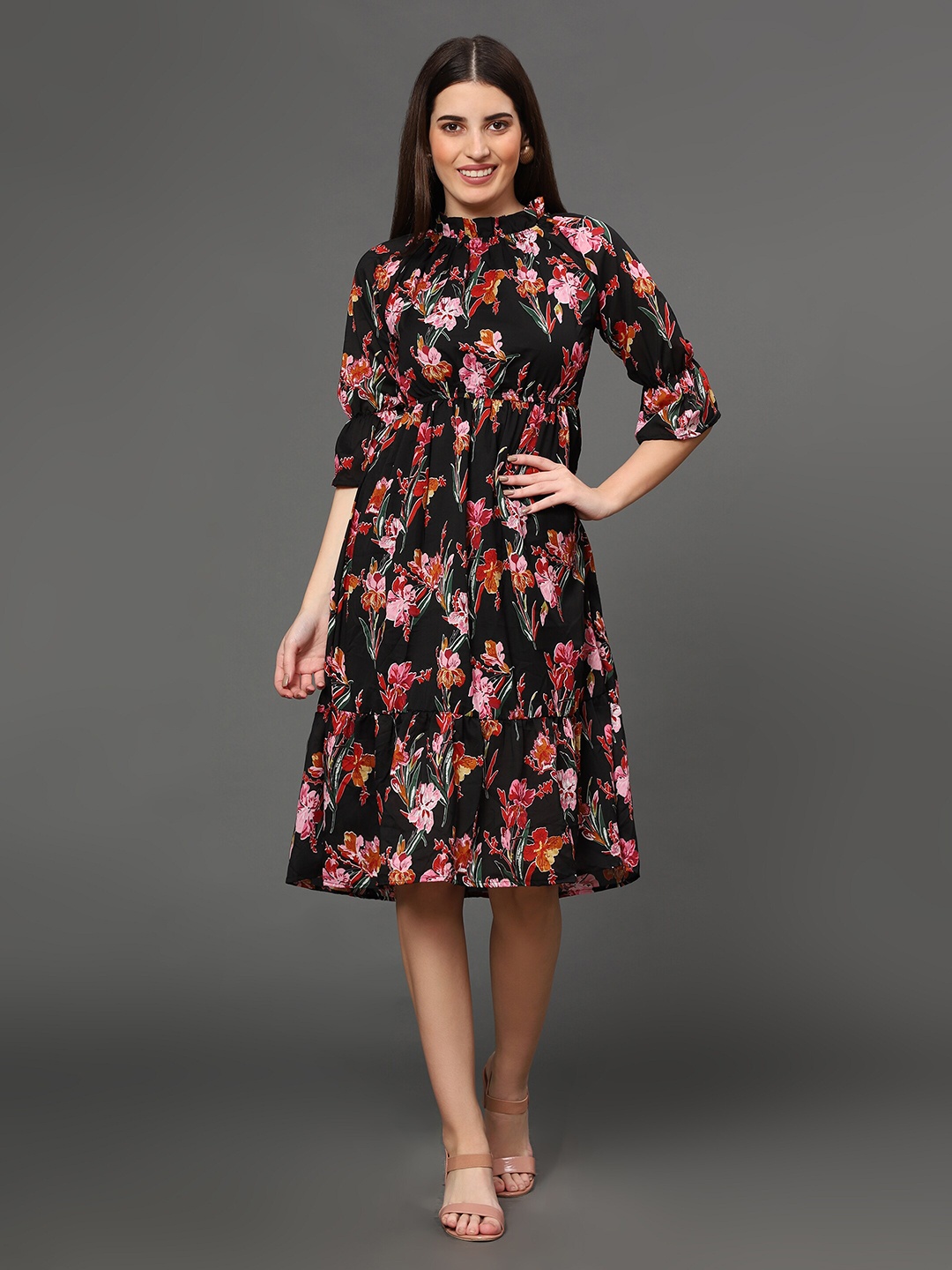 

WESTHOOD Floral Printed Bell Sleeves Gathered Georgette Fit & Flare Dress, Black