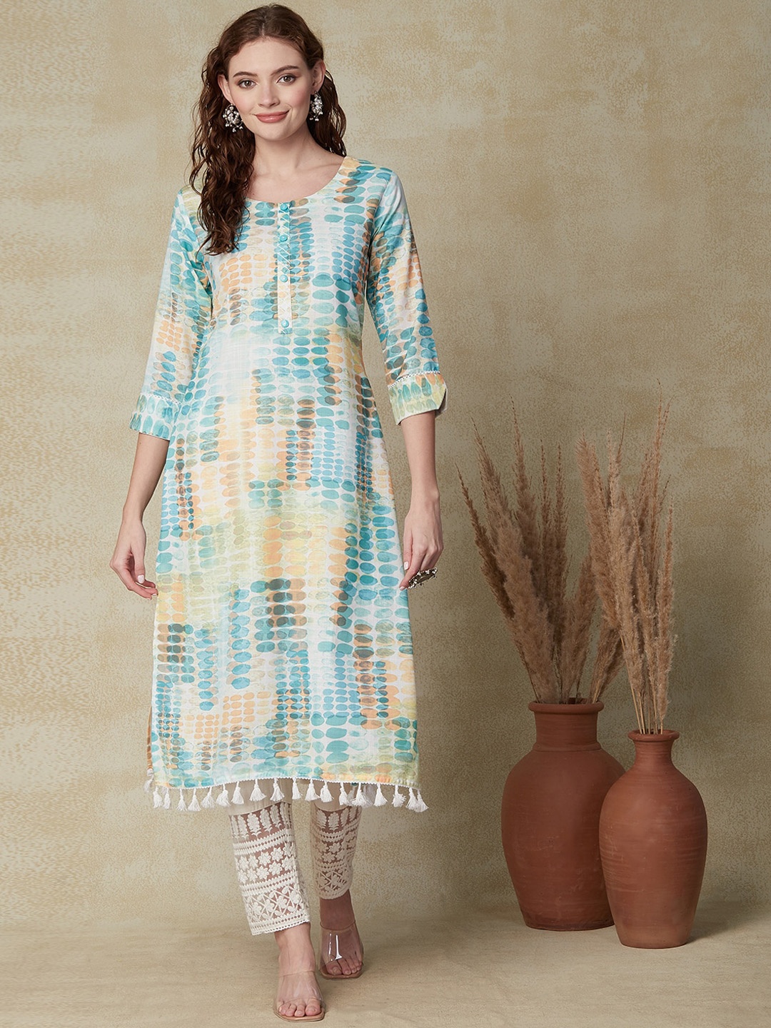 

FASHOR Abstract Printed Linen Straight Kurta, Sea green