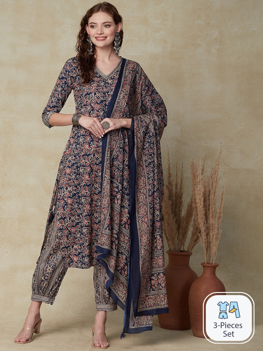 

FASHOR Floral Printed Regular Pure Cotton Kurta & Salwar With Dupatta, Blue