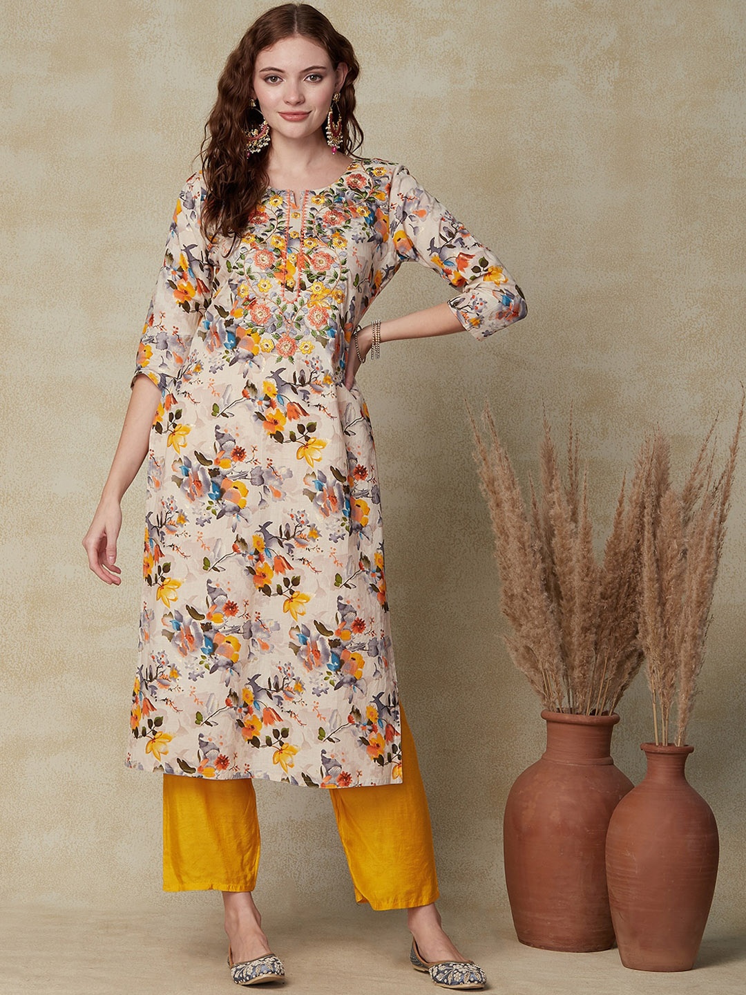 

FASHOR Floral Printed Thread Work Cotton Straight Kurta, Beige