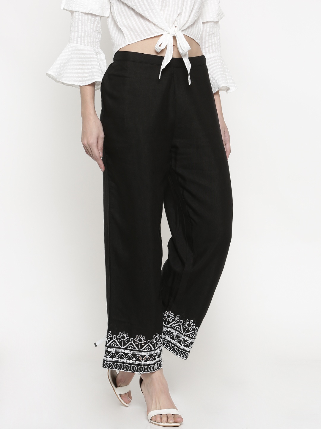 

Global Desi Women Black Relaxed Embroidered Parallel Trousers