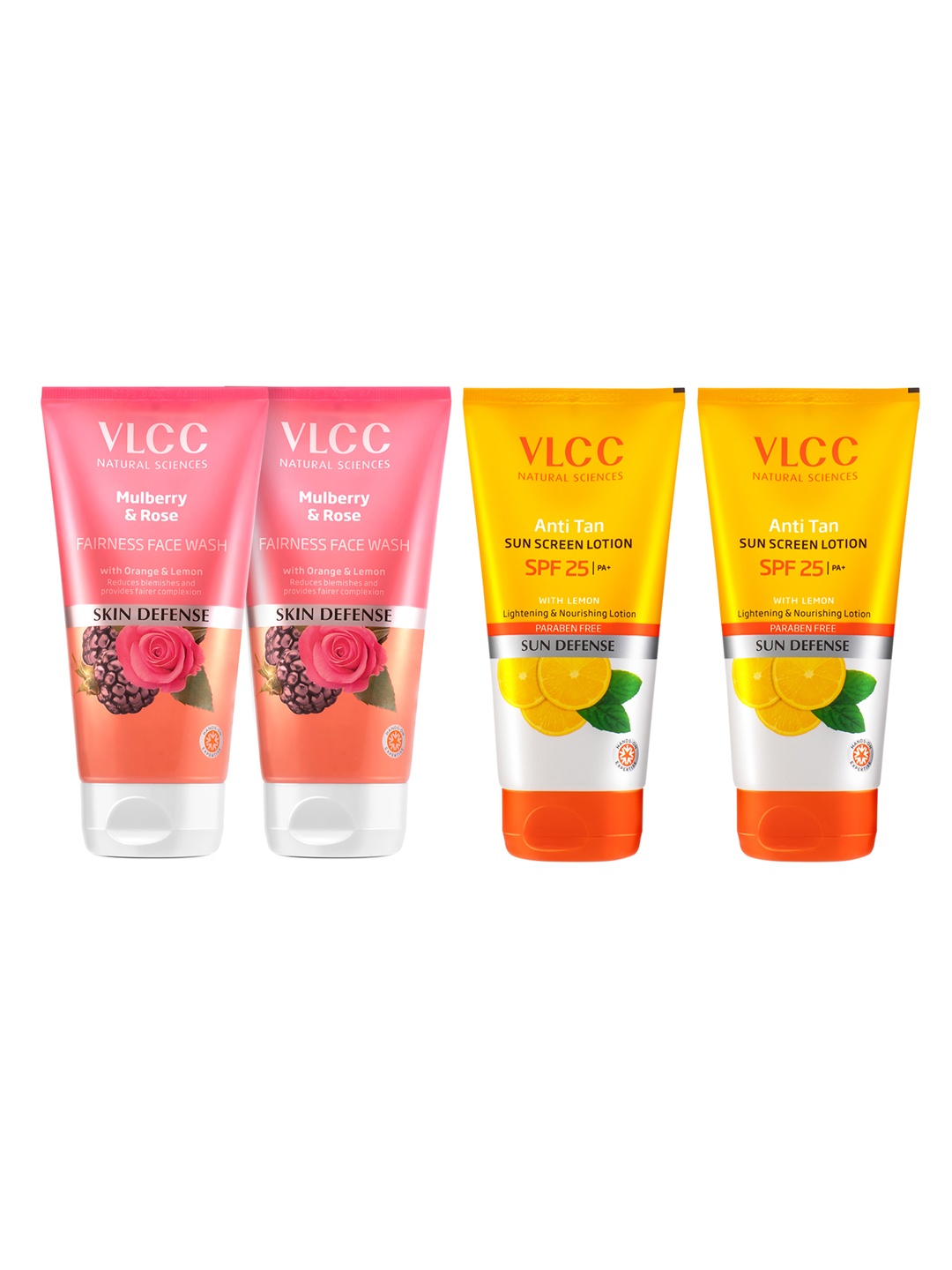 

VLCC Set of 2 Skin Defense Mulberry & Rose Face Wash & 2 Anti-Tan Sunscreen - 150ml each, Orange