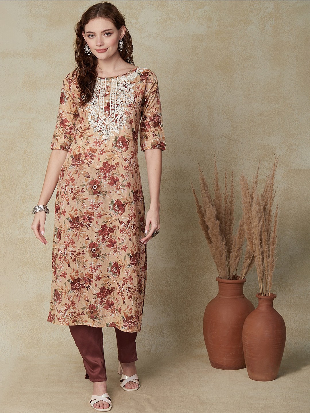 

FASHOR Floral Printed Thread Work Cotton Straight Kurta, Beige