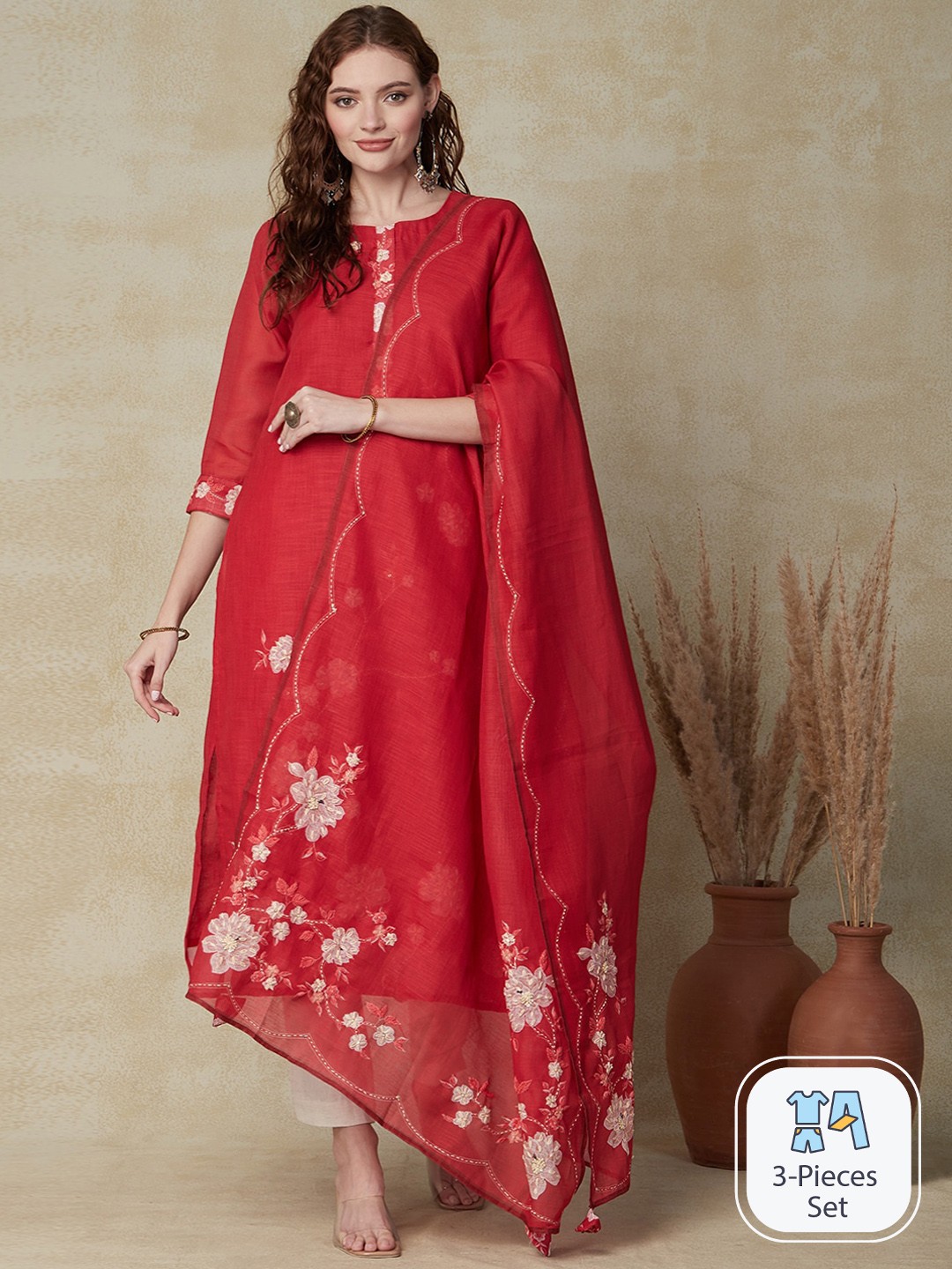 

FASHOR Floral Printed Thread Work Detail Jute Cotton Straight Kurta With Dupatta, Red
