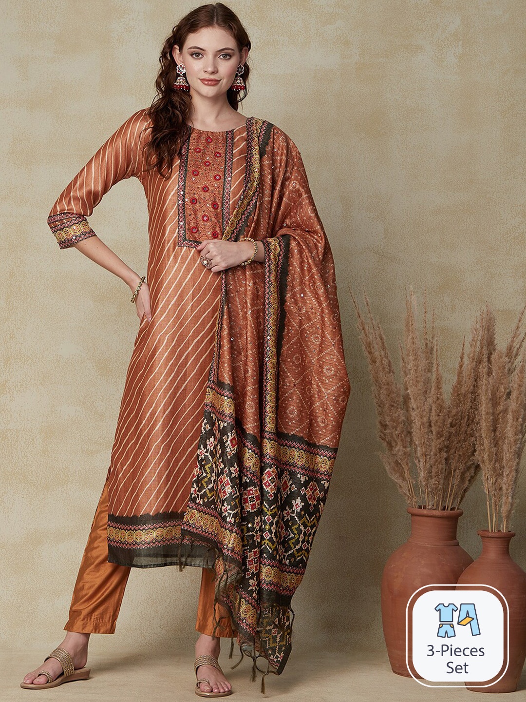 

FASHOR Leheriya Printed Mirror Work Kurta & Trousers With Dupatta, Brown