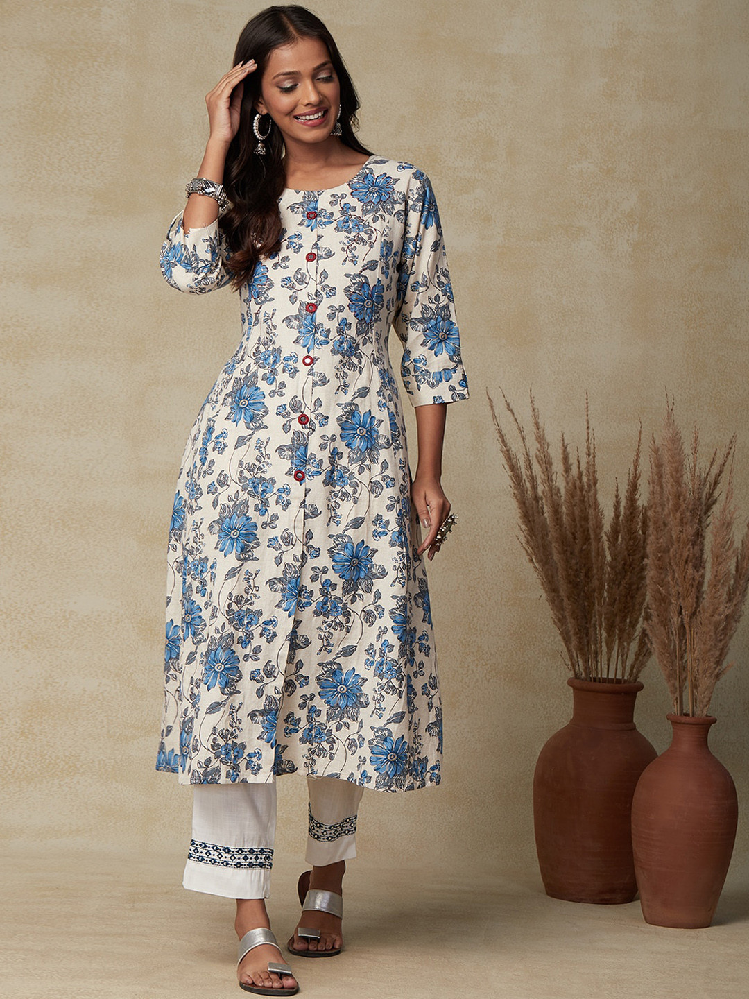 

FASHOR Floral Printed Mirror Work Cotton A-Line Kurta, Cream