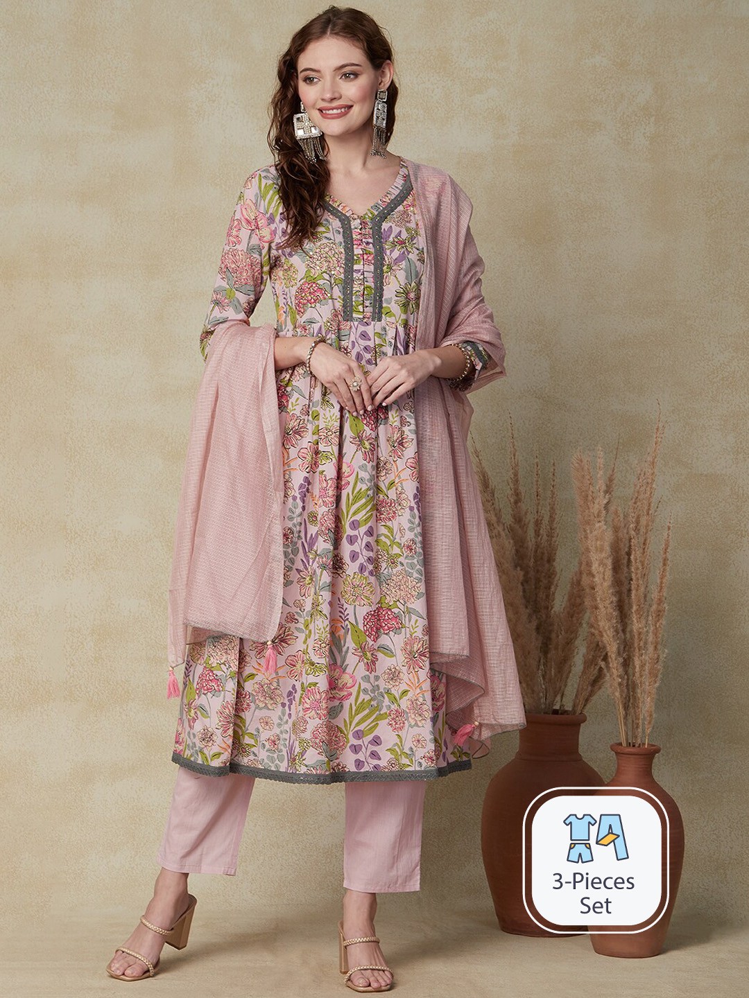 

FASHOR Floral Printed Pleated Pure Cotton Kurta With Trousers & Dupatta, Pink