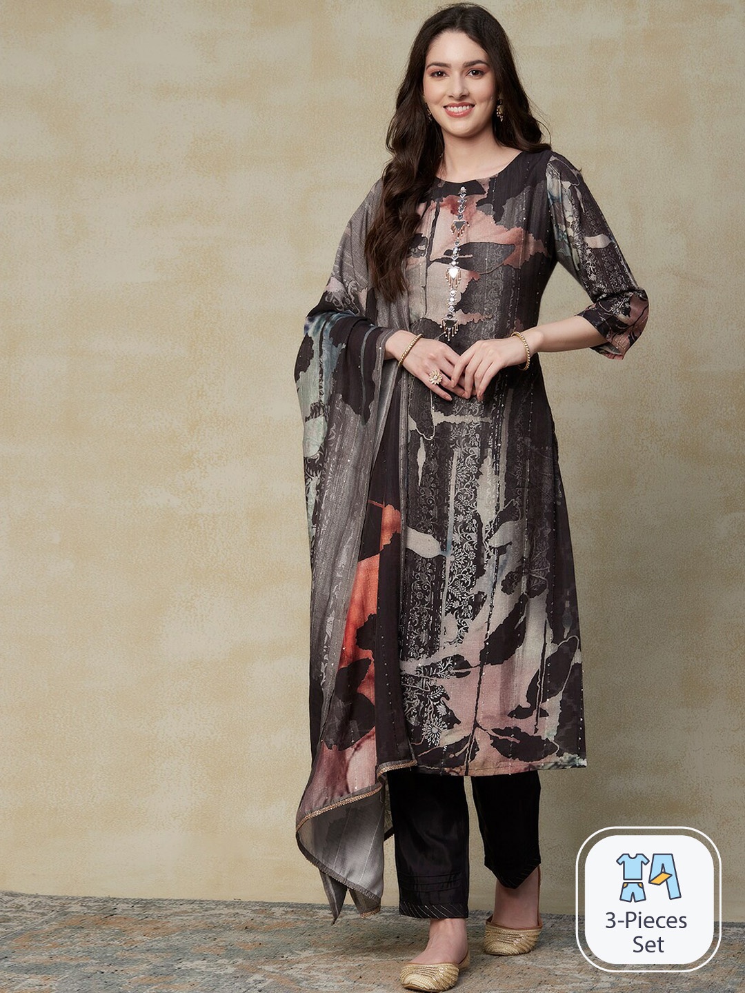 

FASHOR Abstract Printed Regular Thread Work Kurta & Trousers With Dupatta, Charcoal