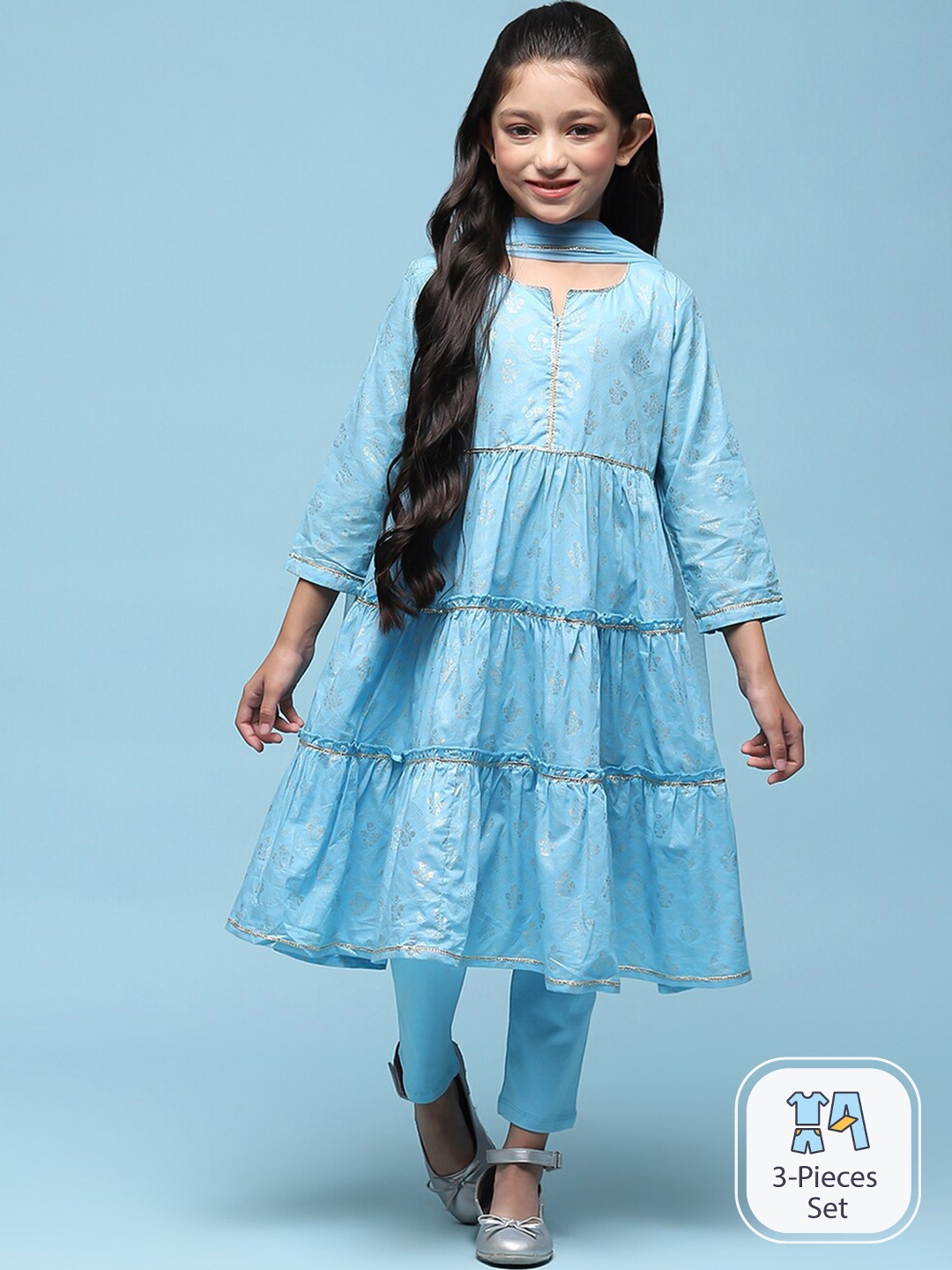 

Biba Girls Floral Printed Layered Kurta with Churidar, Blue