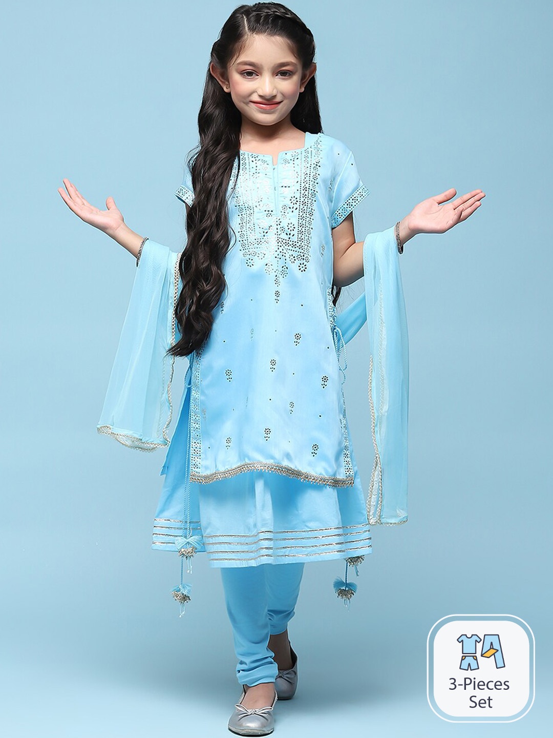 

Biba Girls Ethnic Motifs Yoke Design A-Line Kurta & Churidar With Dupatta, Blue