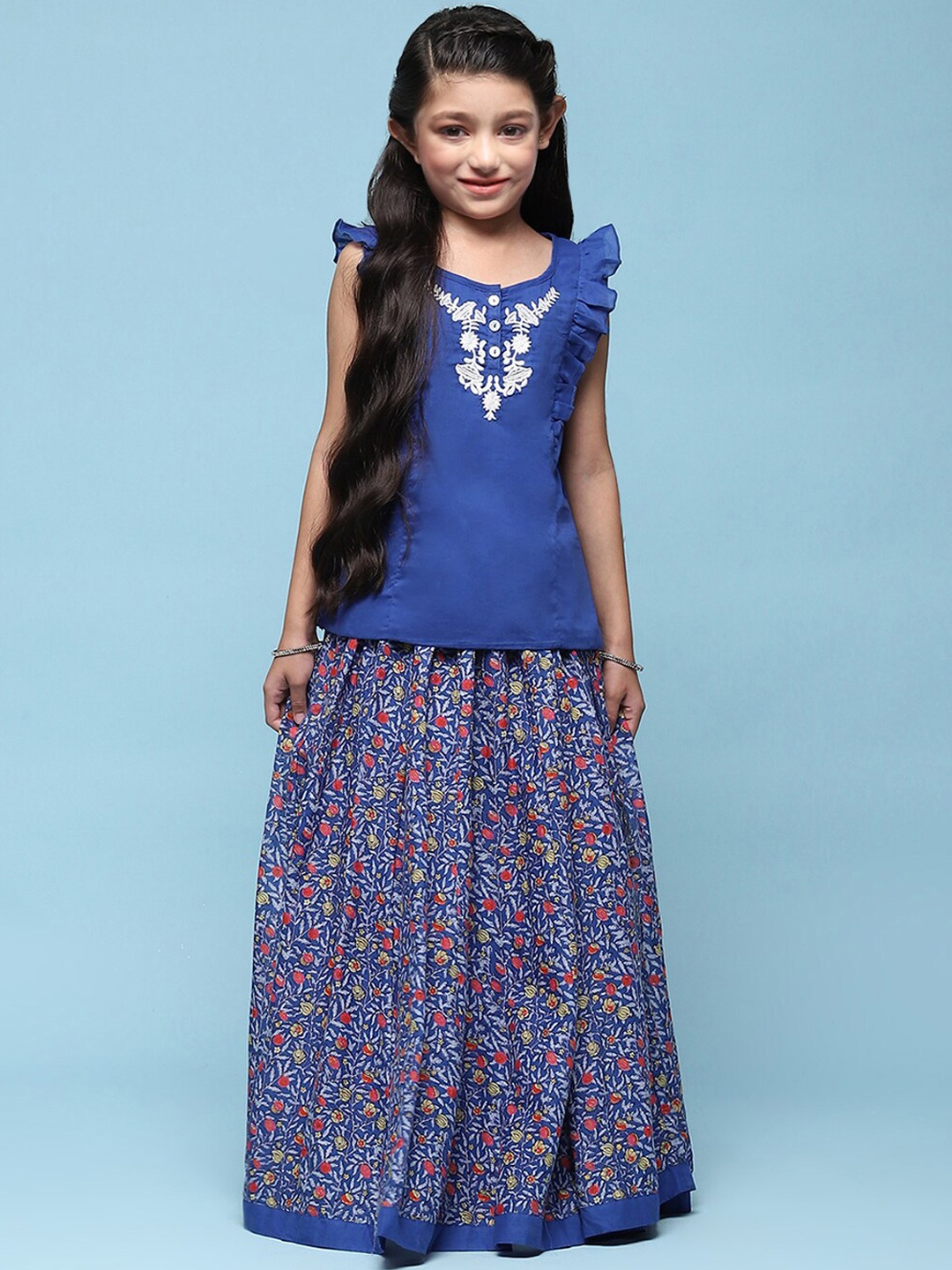 

Biba Girls Floral Embroidered Straight Top with Skirt, Blue