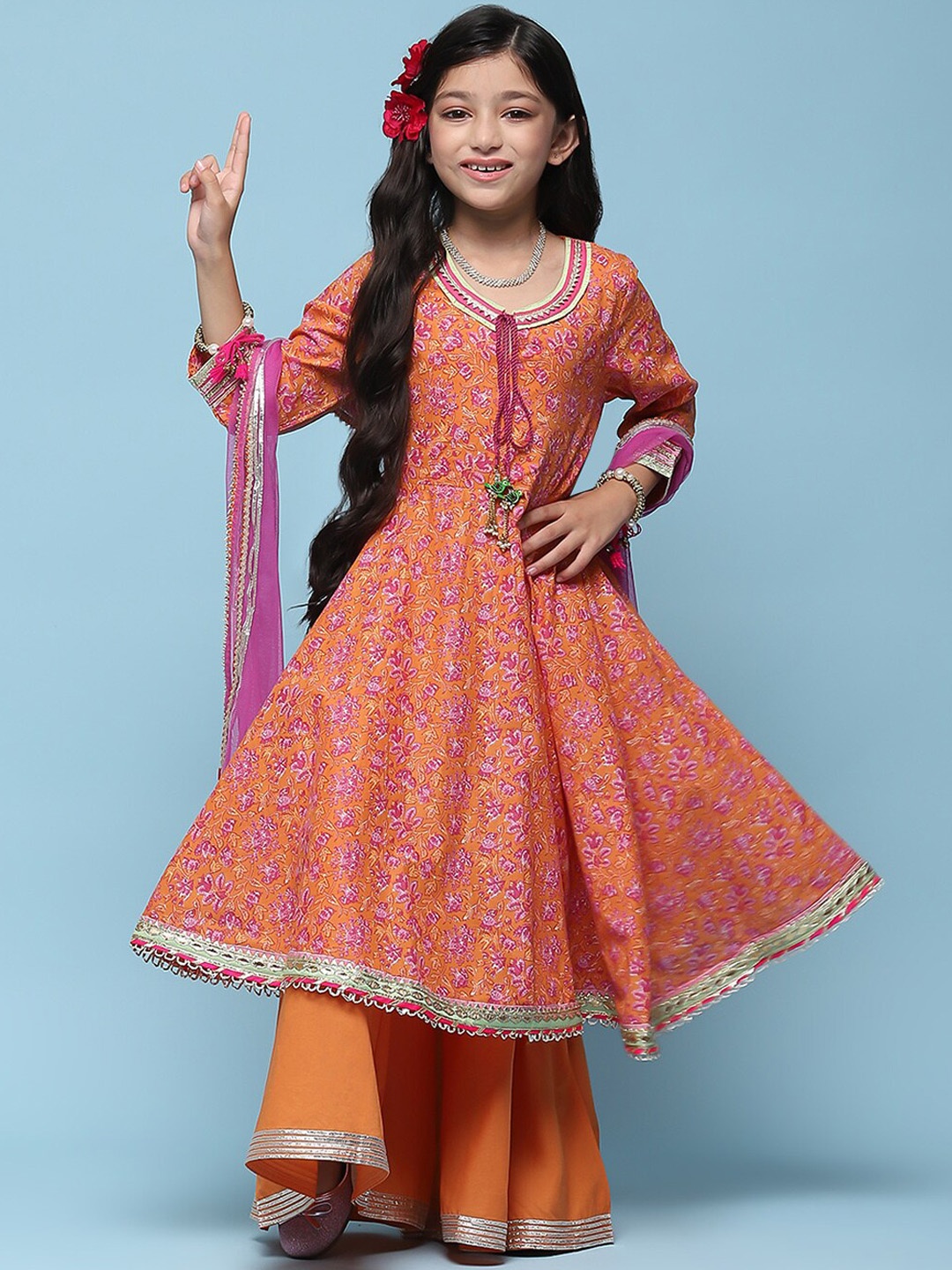 

Biba Girls Floral Printed Gotta Patti Kurta & Palazzos With Dupatta, Orange