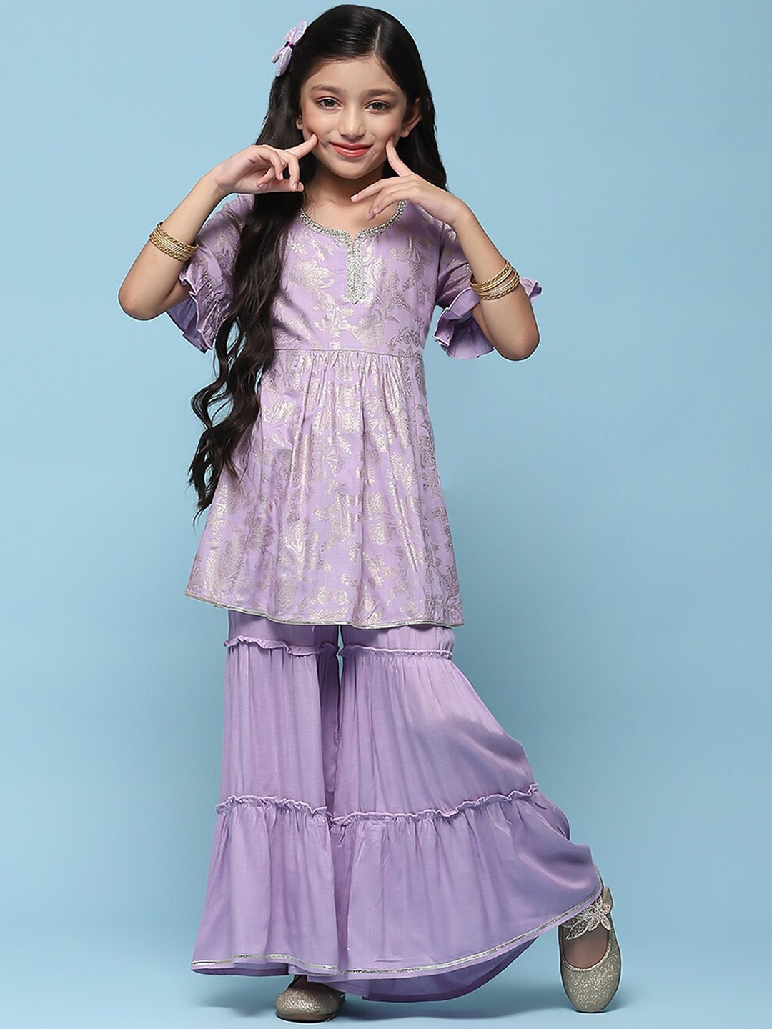 

Biba Girls Floral Printed Anarkali Kurta with Sharara, Purple