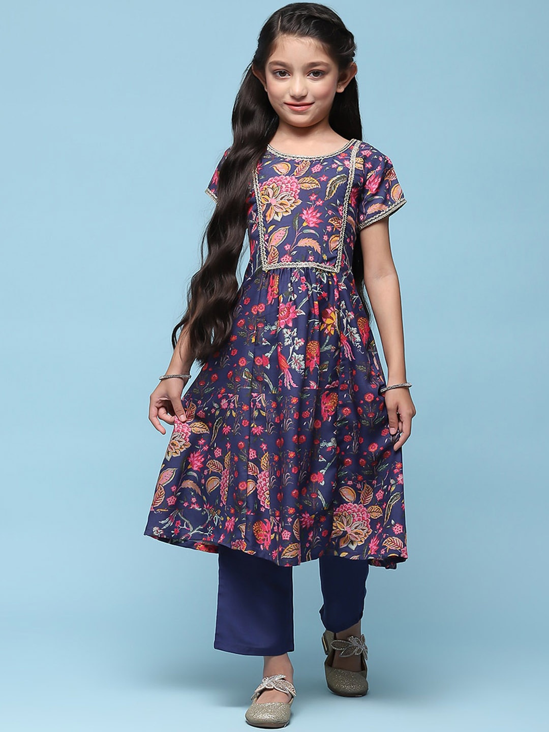 

Biba Girls Floral Printed Anarkali Kurta with Trousers, Blue