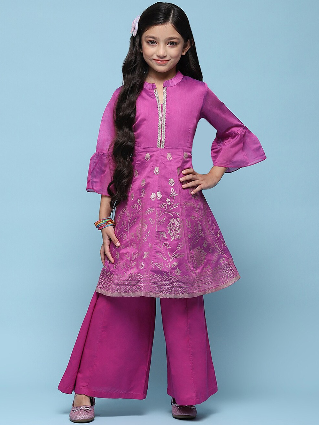 

Biba Girls Floral Printed A-line Bell Sleeves Kurta With Trousers, Pink