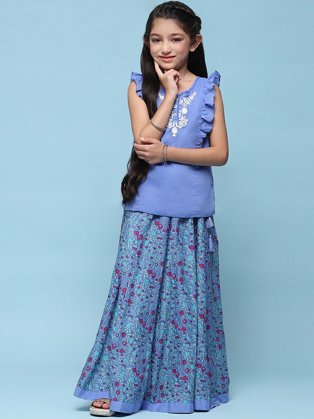 

Biba Floral Embroidered Pure Cotton Top With Skirt, Blue