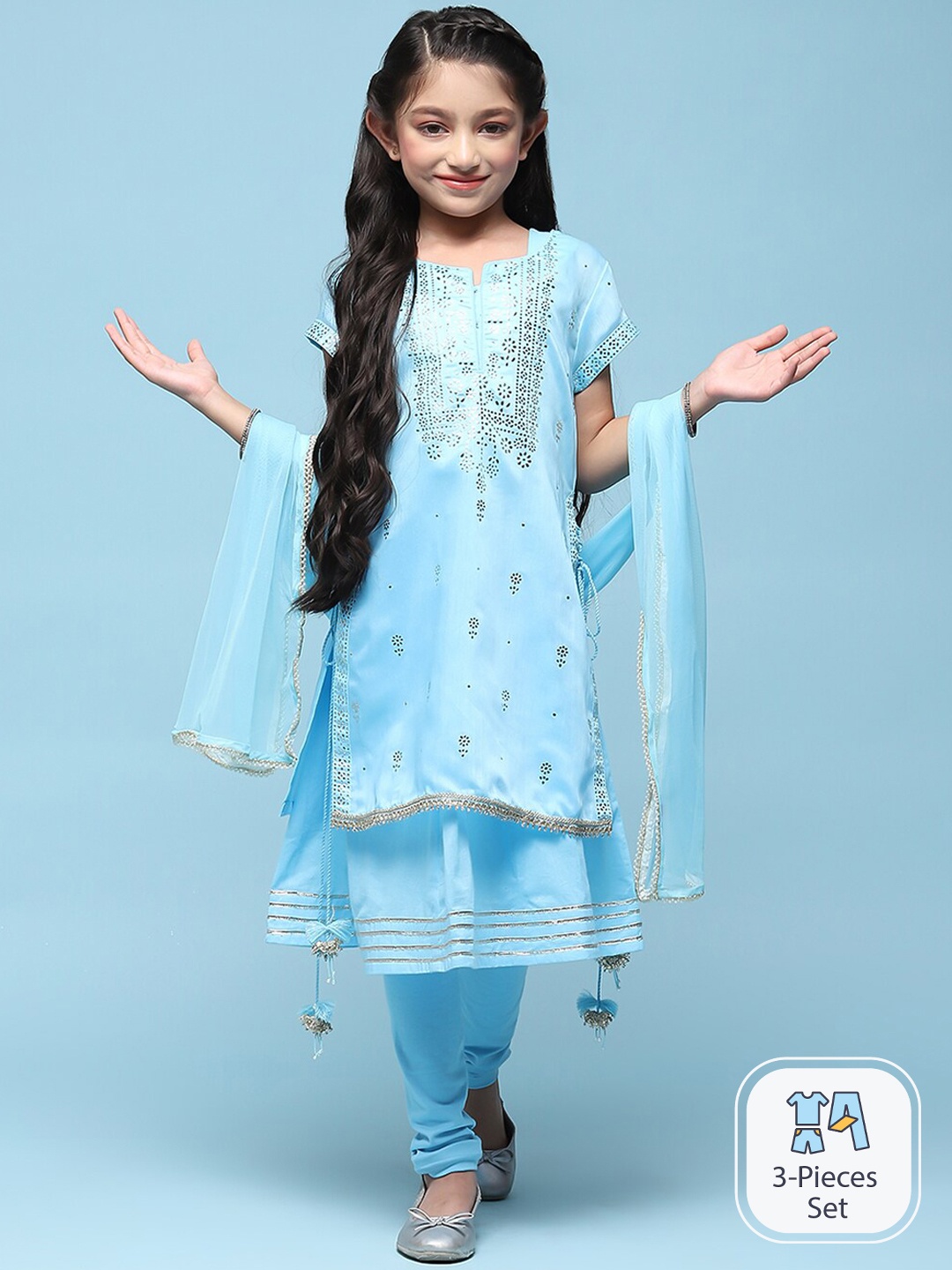 

Biba Girls Blue Ethnic Motifs Embroidered A-line Kurta With Churidar & Dupatta, Turquoise blue