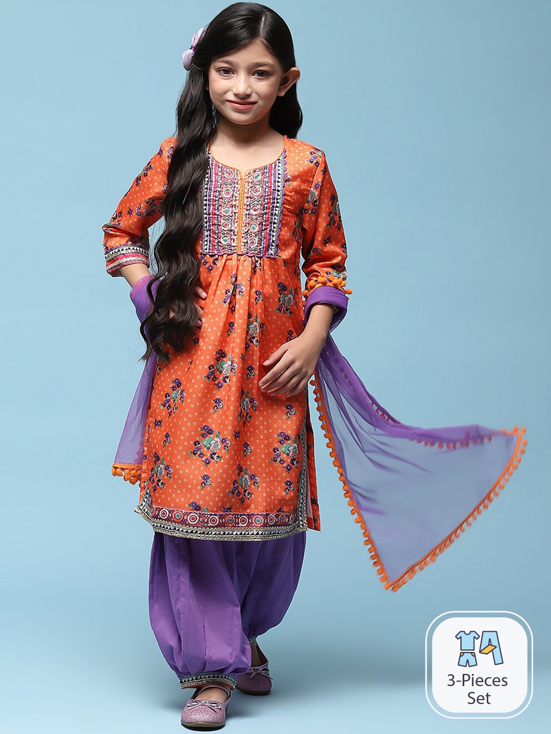 

Biba Girls Floral Printed Sequinned A-line Kurta & Patiala With Dupatta, Orange