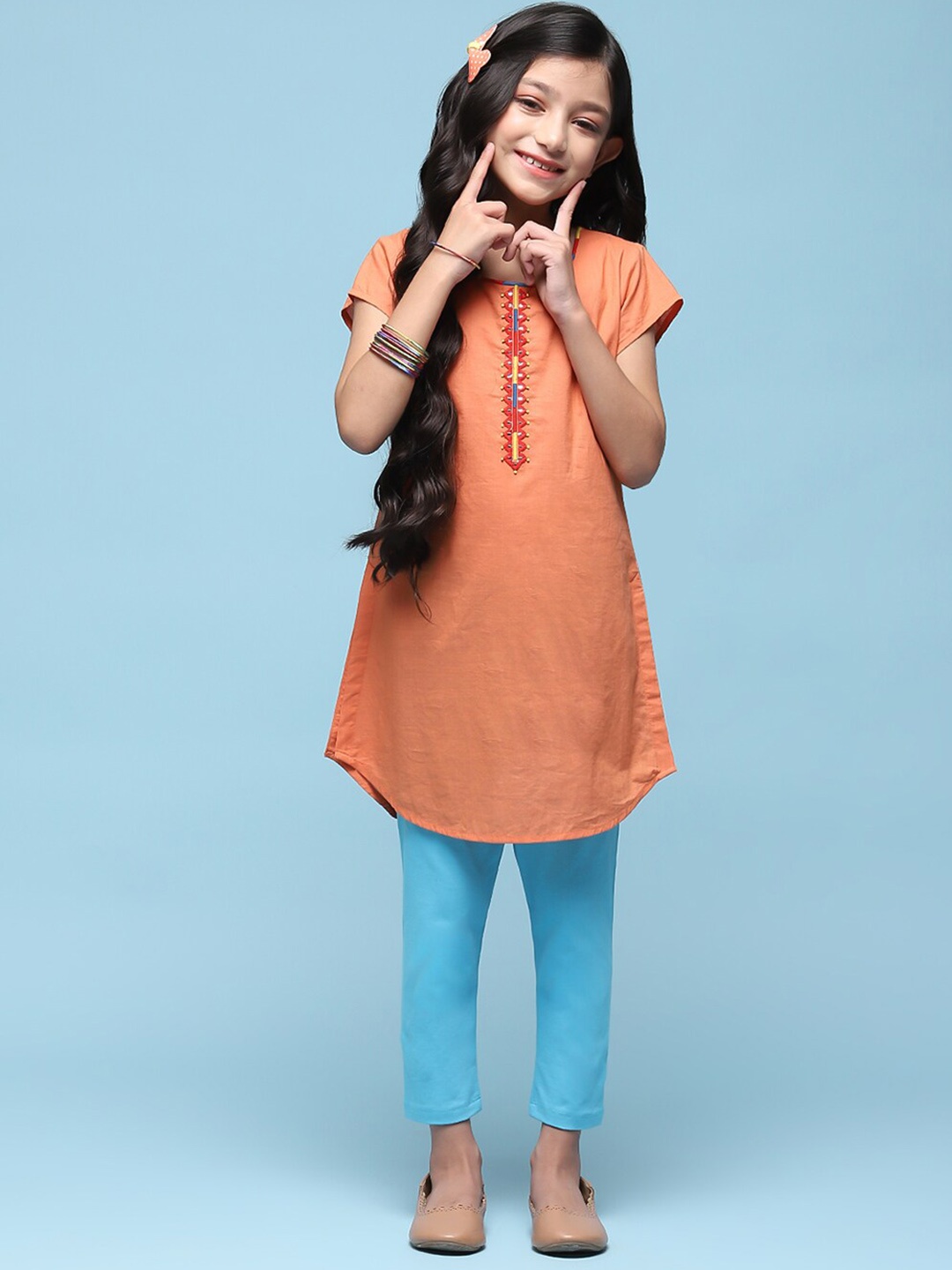 

Biba Girls Pure Cotton Mirror Work Detail Straight Kurta With Trousers, Orange
