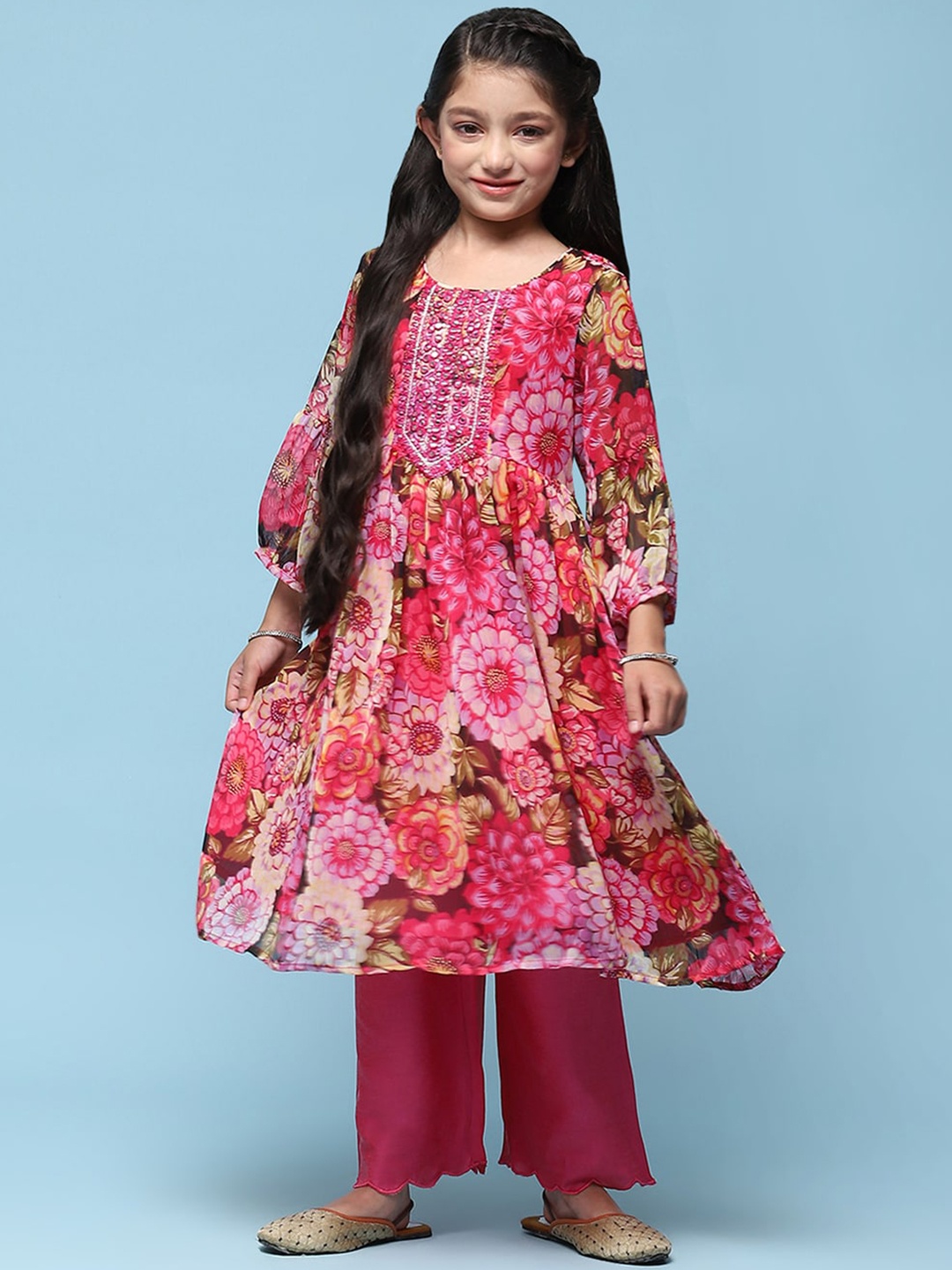 

Biba Girls Floral Printed Mirror Work Detail A-Line Kurta with Palazzos, Pink