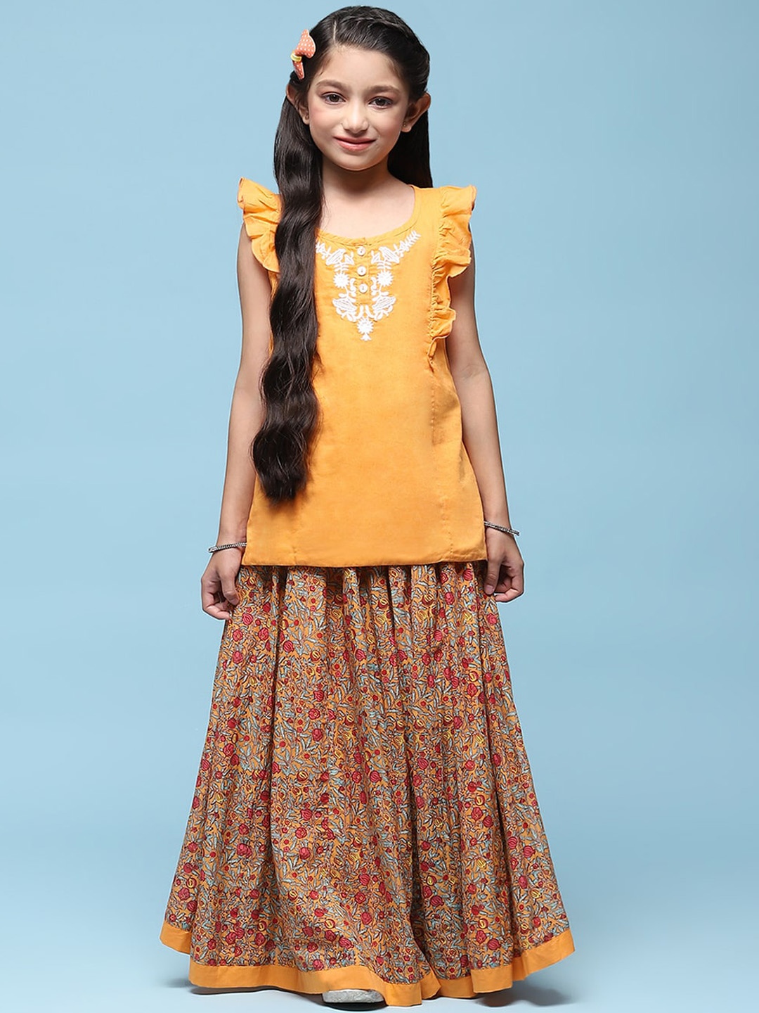 

Biba Girls Embroidered Pure Cotton Top With Skirt, Orange