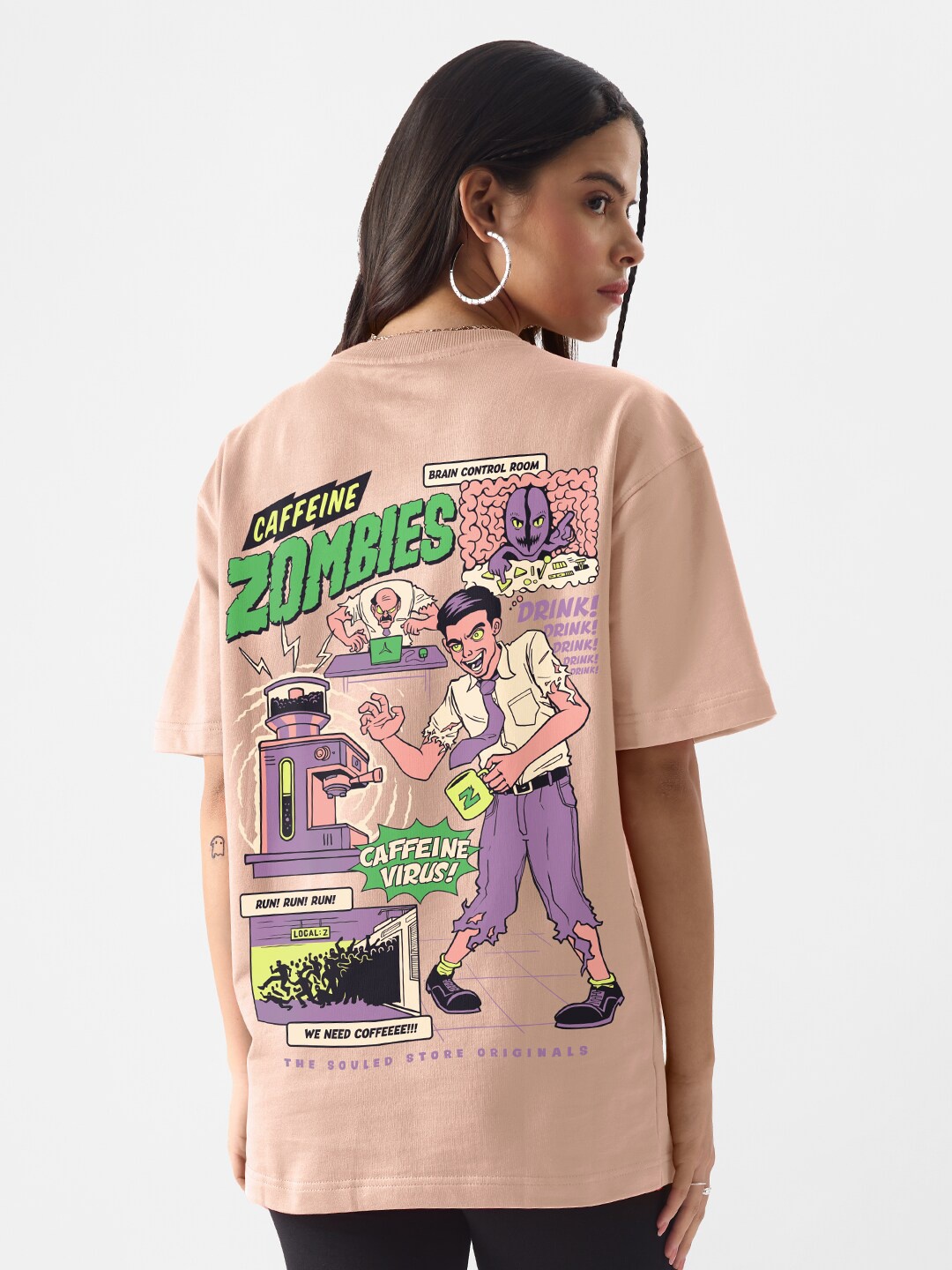 

The Souled Store Graphic Printed Drop-Shoulder Oversized Pure Cotton T-shirt, Beige