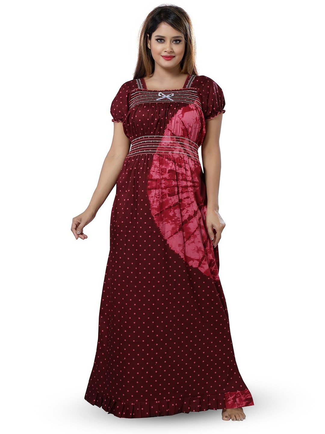 

CINCO Polka Dots Printed Maxi Nightdress, Maroon