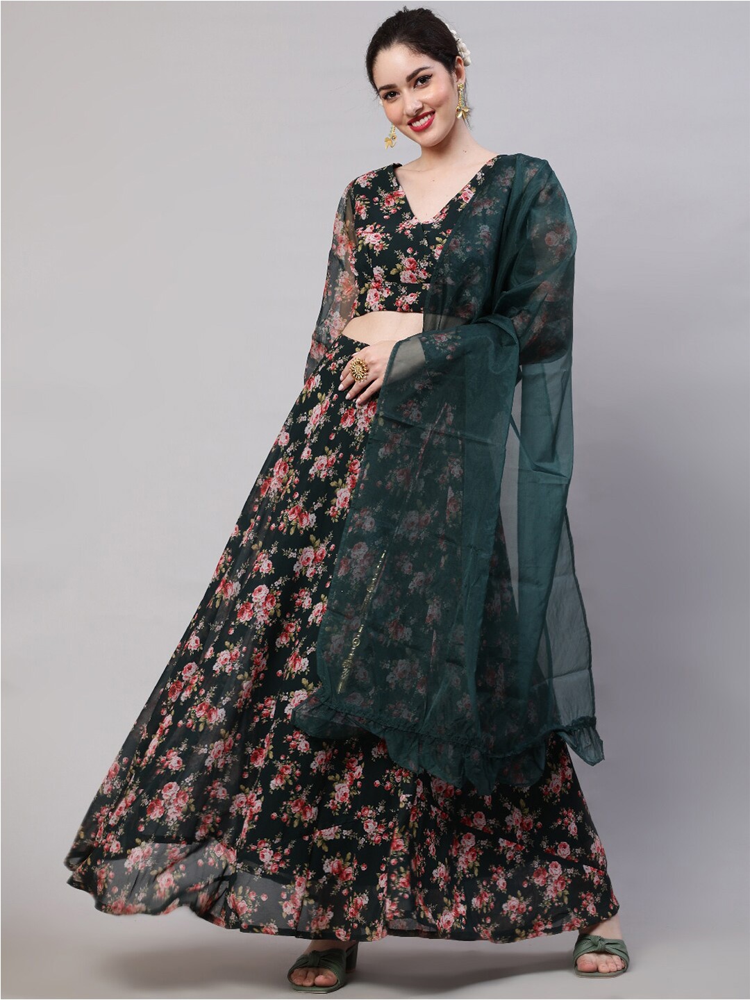 

AKS Floral Printed Ready to Wear Lehenga Choli, Green