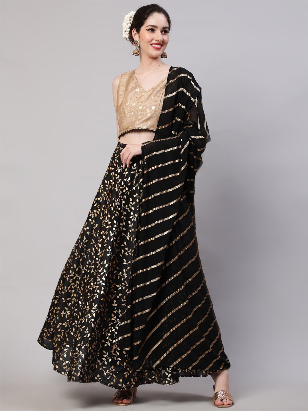

AKS Floral Printed Ready to Wear Lehenga & Blouse With Dupatta, Black
