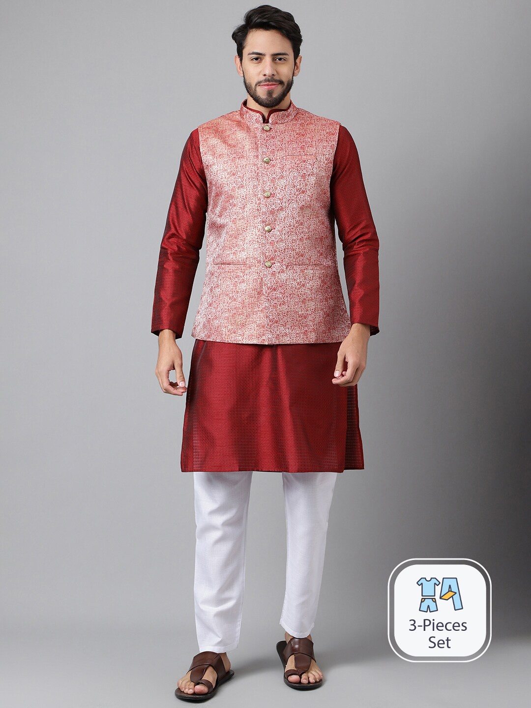 

Anubhutee Woven Design Mandarin Collar Kurta With Pyjamas & Nehru jacket, Red