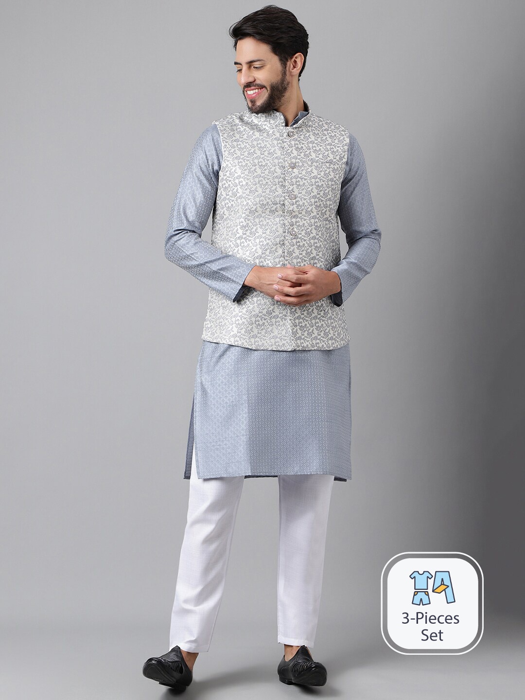 

Anubhutee Floral Woven Design Regular Kurta With Pyjamas & Nehru jacket, Grey