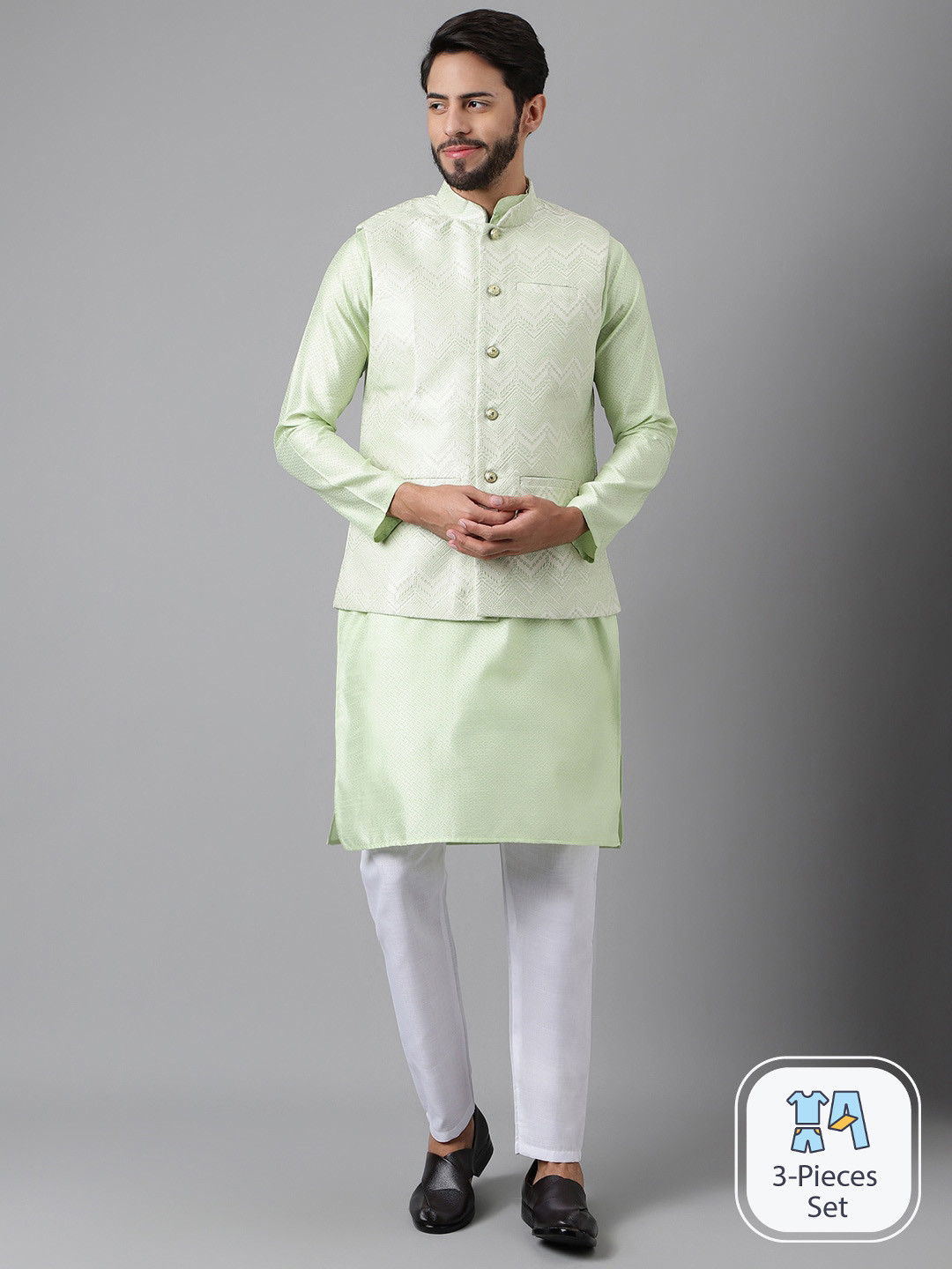 

Anubhutee Woven Design Mandarin Collar Kurta With Pyjamas & Nehru jacket, Lime green