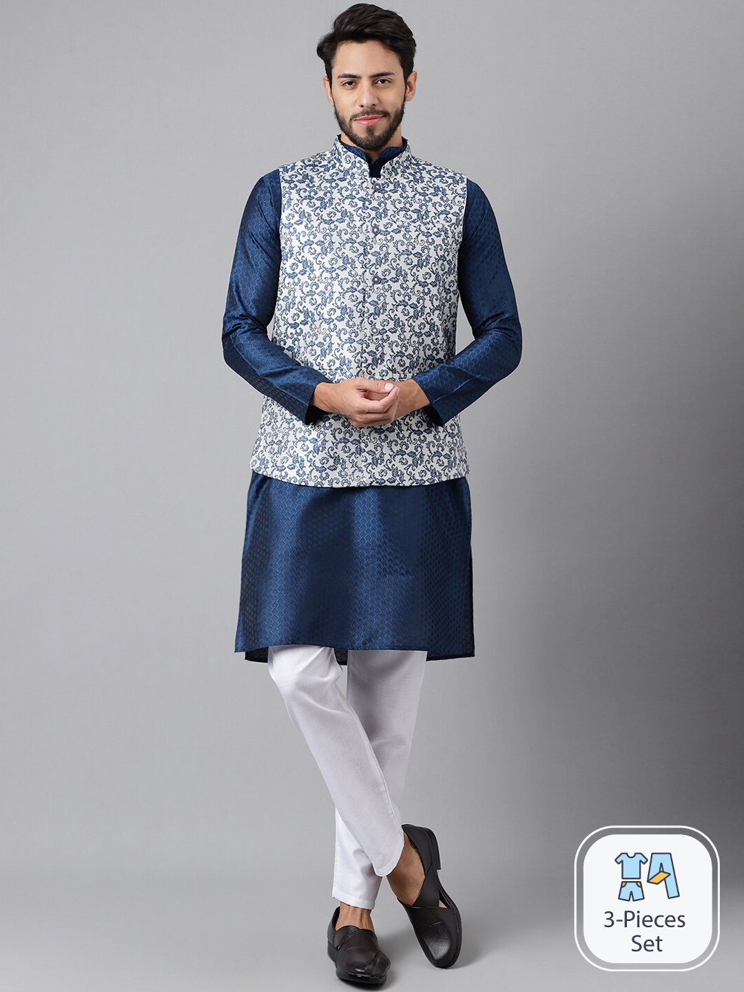 

Anubhutee Floral Woven Design Regular Kurta With Pyjamas & Nehru jacket, Blue