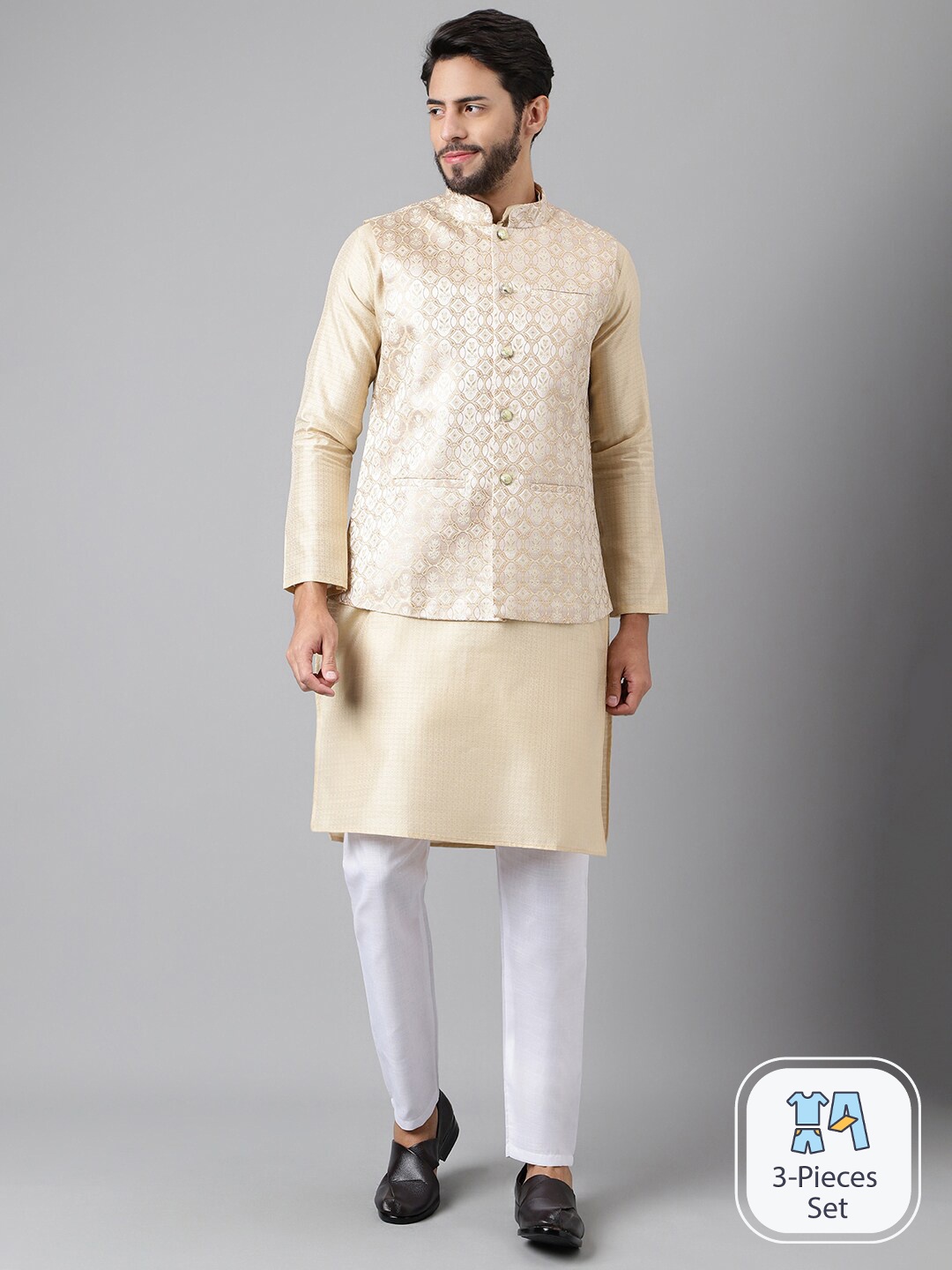 

Anubhutee Floral Woven Design Regular Kurta With Pyjamas & Nehru jacket, Beige