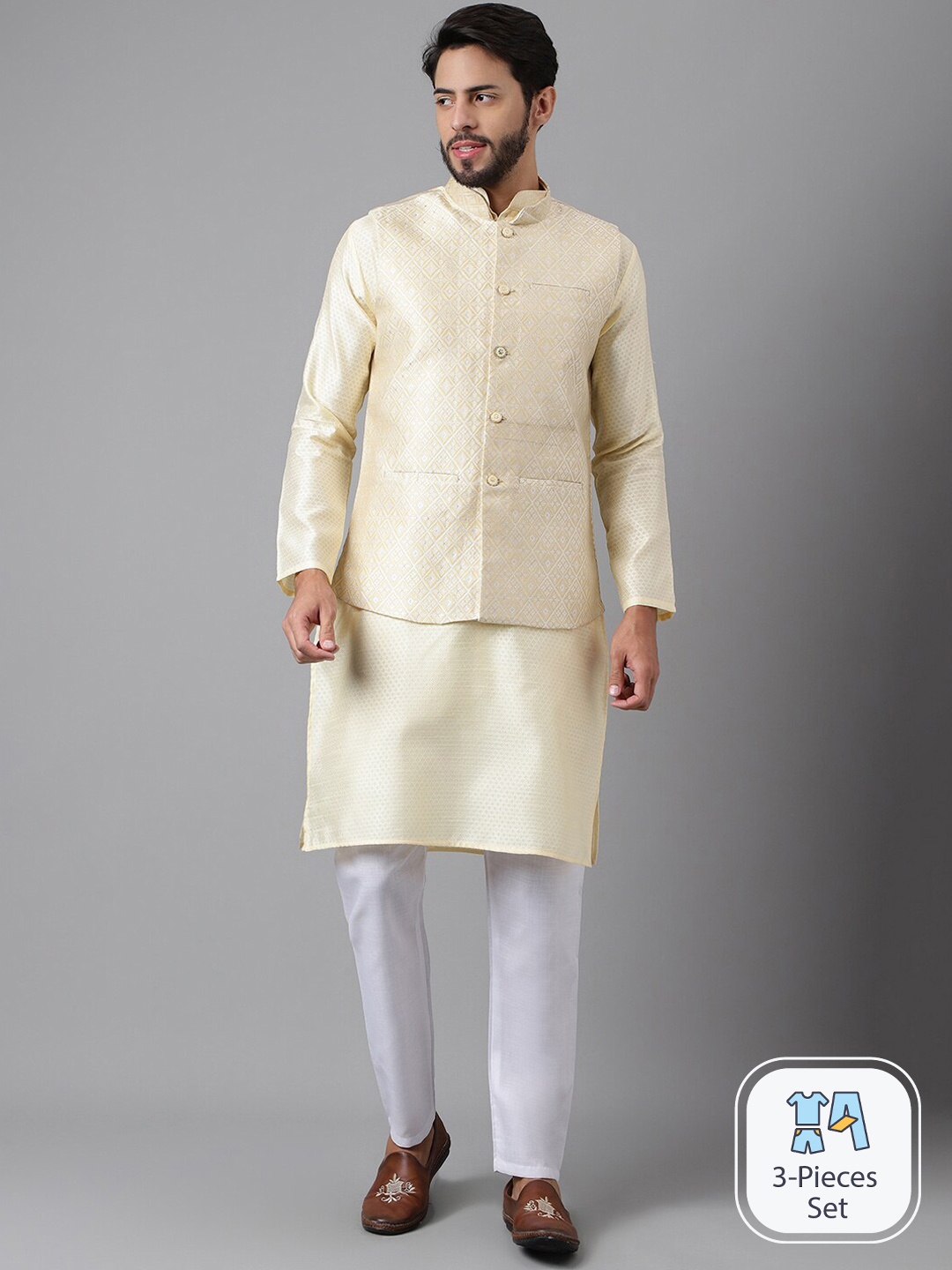 

Anubhutee Woven Design Mandarin Collar Kurta With Pyjamas & Nehru jacket, Beige