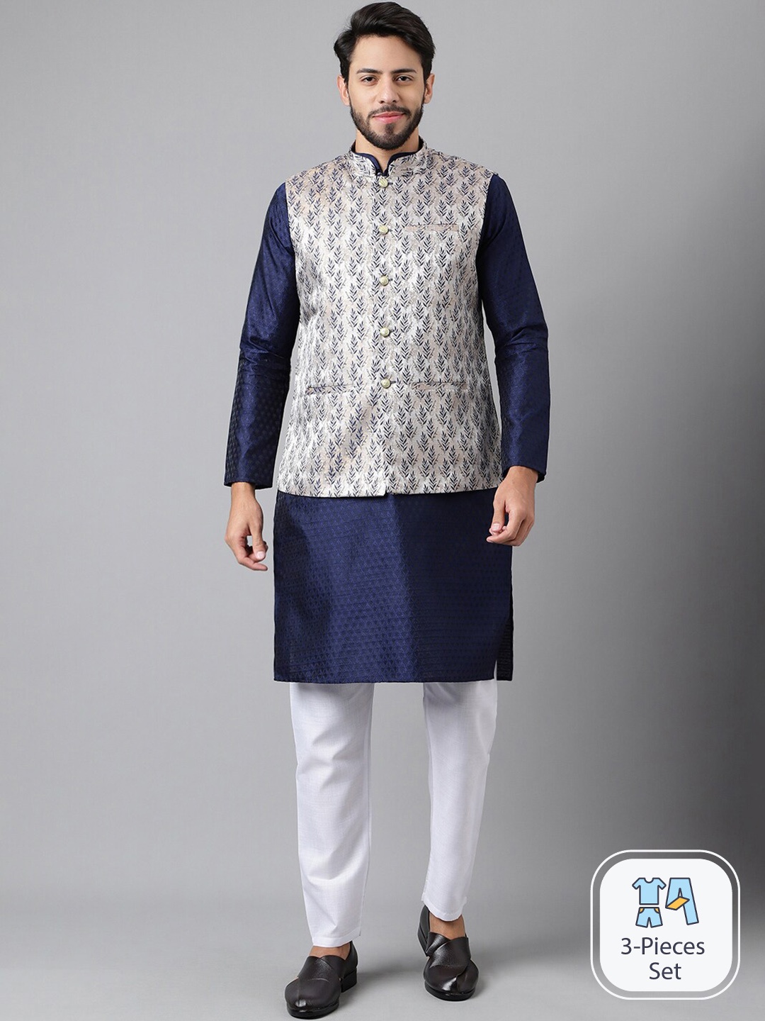 

Anubhutee Woven Design Mandarin Collar Kurta With Pyjamas & Nehru jacket, Navy blue