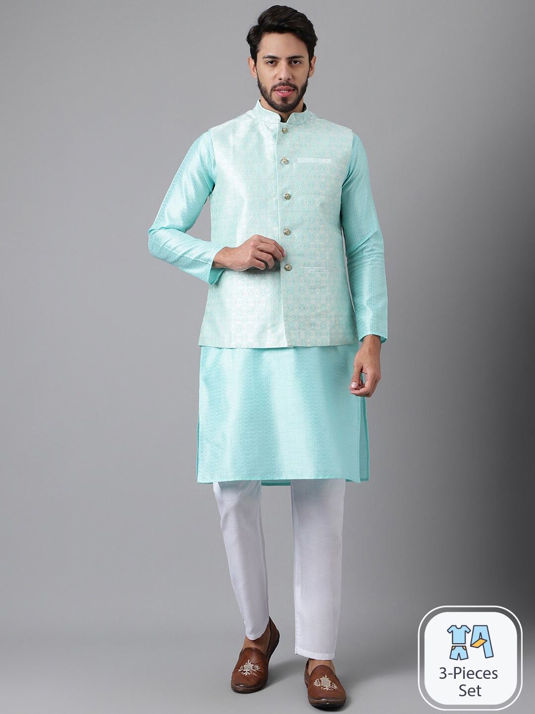 

Anubhutee Woven Design Mandarin Collar Kurta With Pyjamas & Nehru jacket, Blue