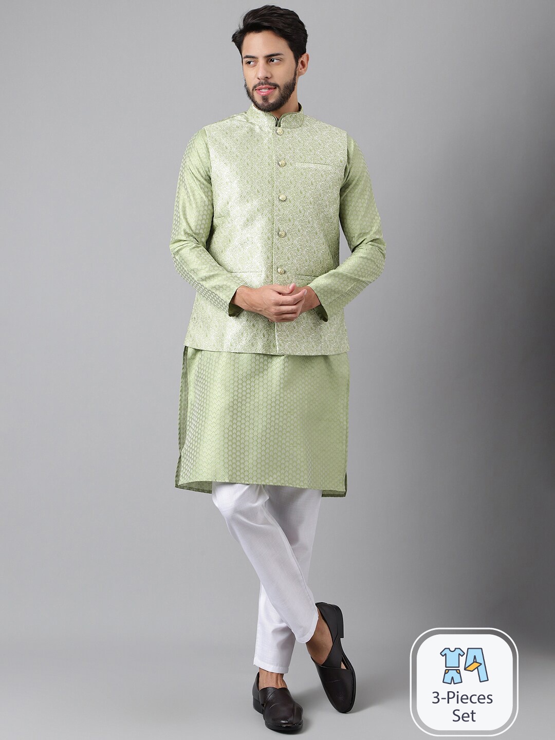 

Anubhutee Ethnic Motifs Woven Design Regular Kurta With Pyjamas & Nehru jacket, Olive