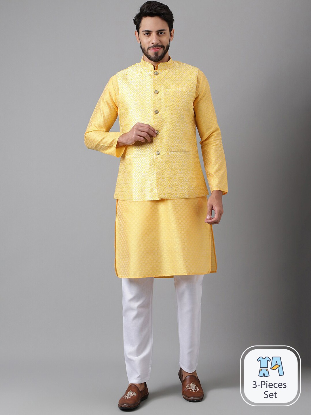 

Anubhutee Ethnic Motifs Woven Design Regular Kurta With Pyjamas & Nehru jacket, Yellow